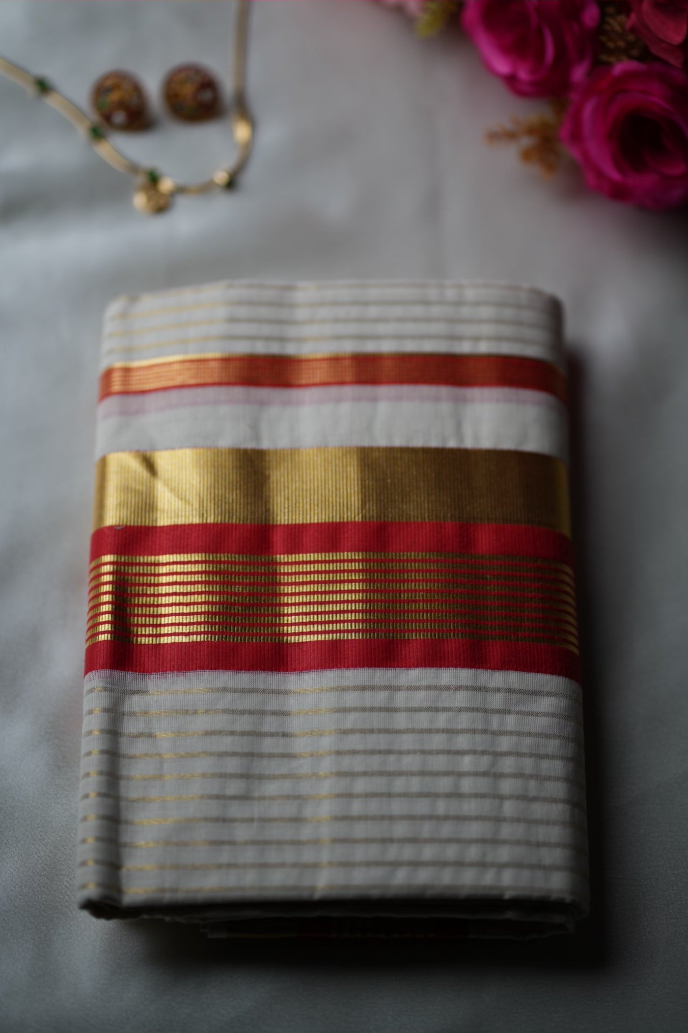 Crimson Red Premium Kasavu Handloom Replica Kerala Single Set Mundu