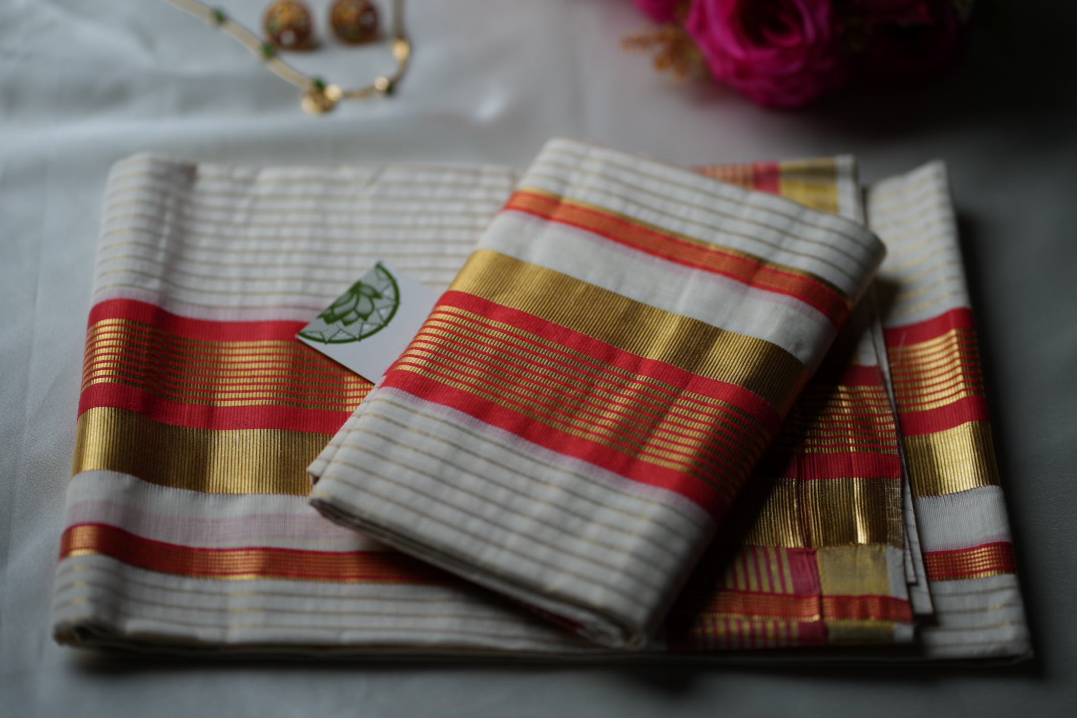 Crimson Red Premium Kasavu Handloom Replica Kerala Single Set Mundu