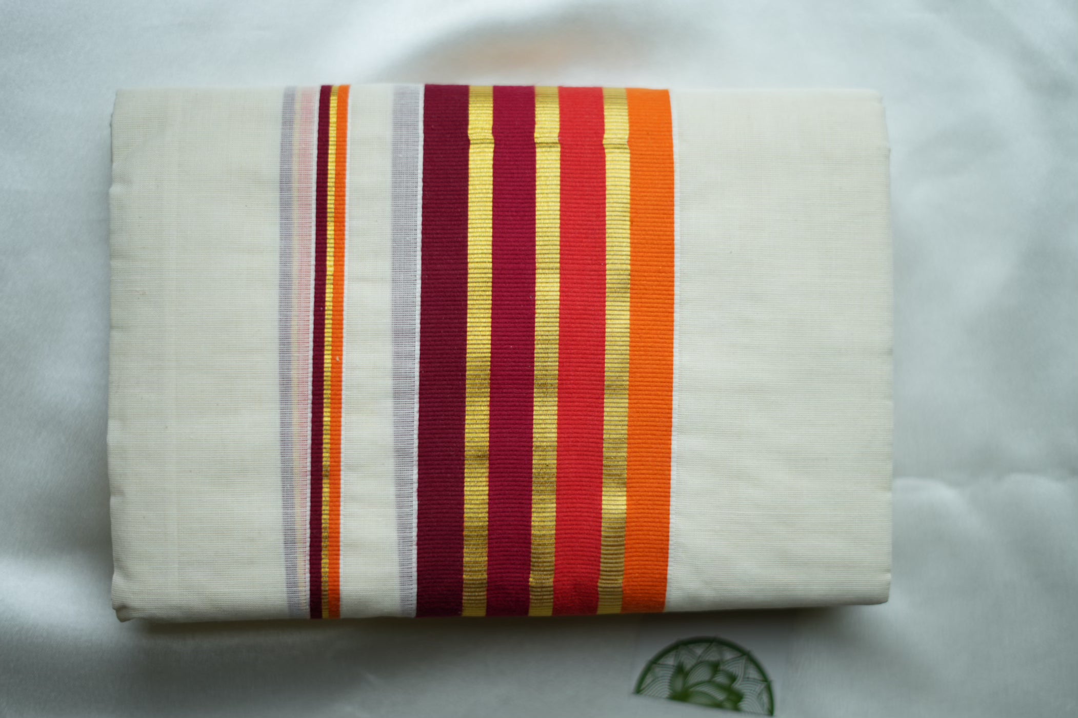 Contemporary Kerala Single Set Mundu with Multi-Color Striped Borders