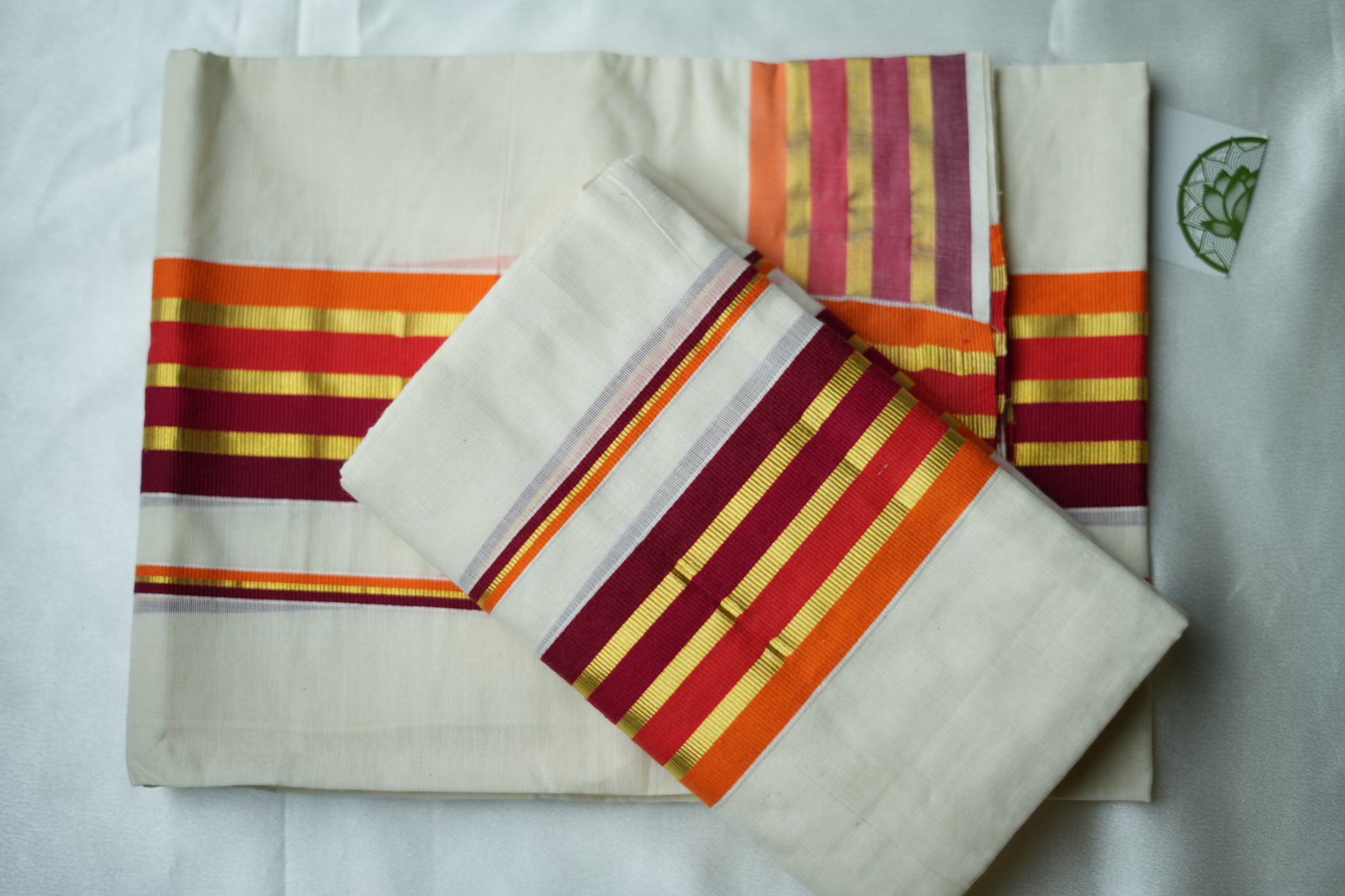 Contemporary Kerala Single Set Mundu with Multi-Color Striped Borders