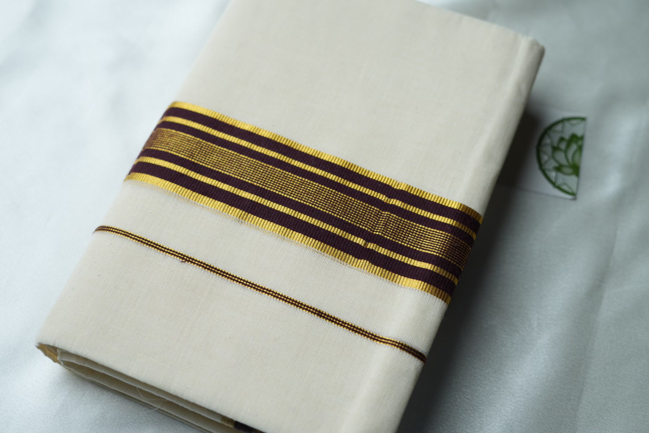 Contemporary Kerala Single Set Mundu with Bold Vibrant Striped Brown Borders