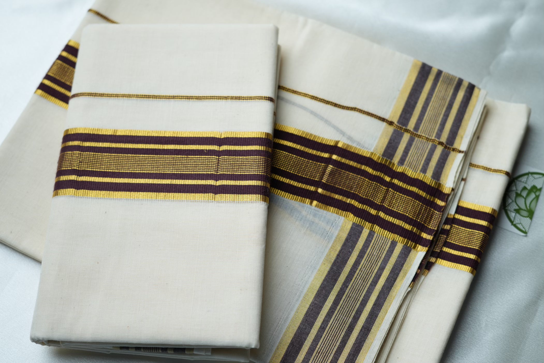 Contemporary Kerala Single Set Mundu with Bold Vibrant Striped Brown Borders