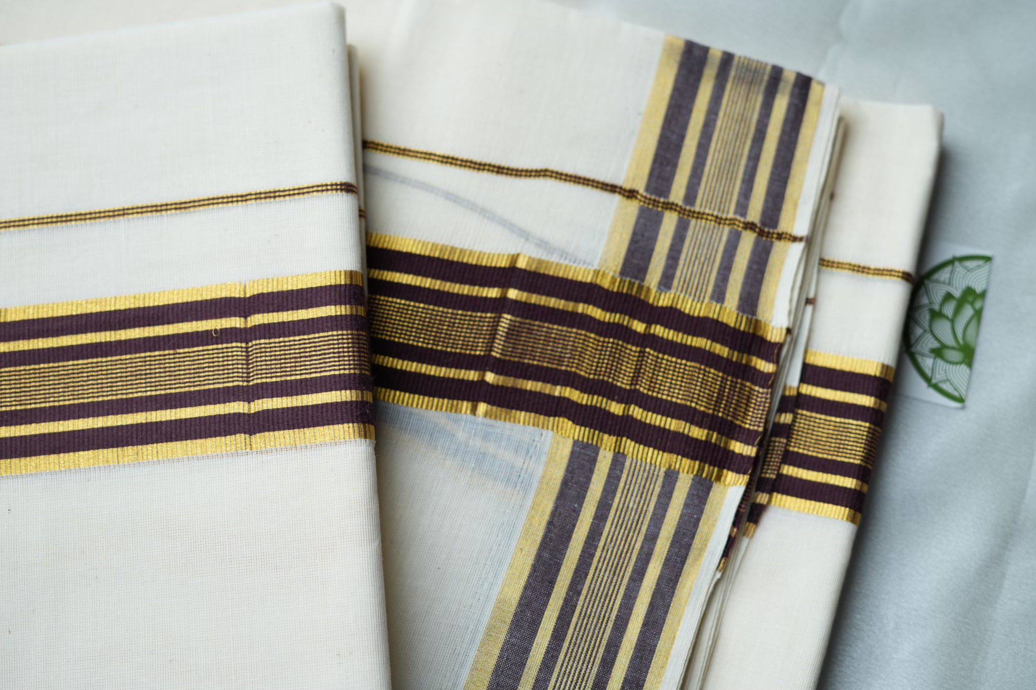 Contemporary Kerala Single Set Mundu with Bold Vibrant Striped Brown Borders