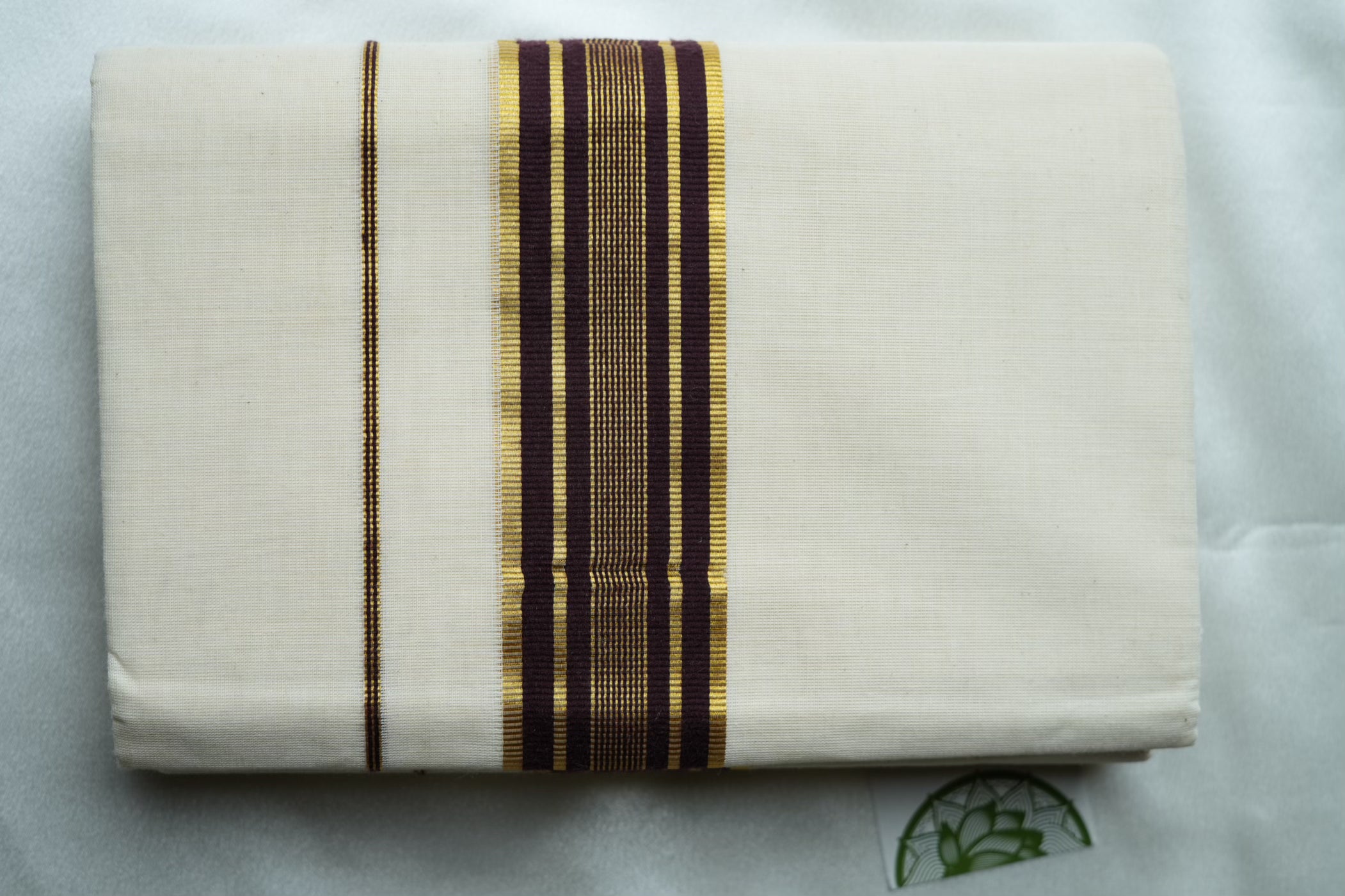 Contemporary Kerala Single Set Mundu with Bold Vibrant Striped Brown Borders