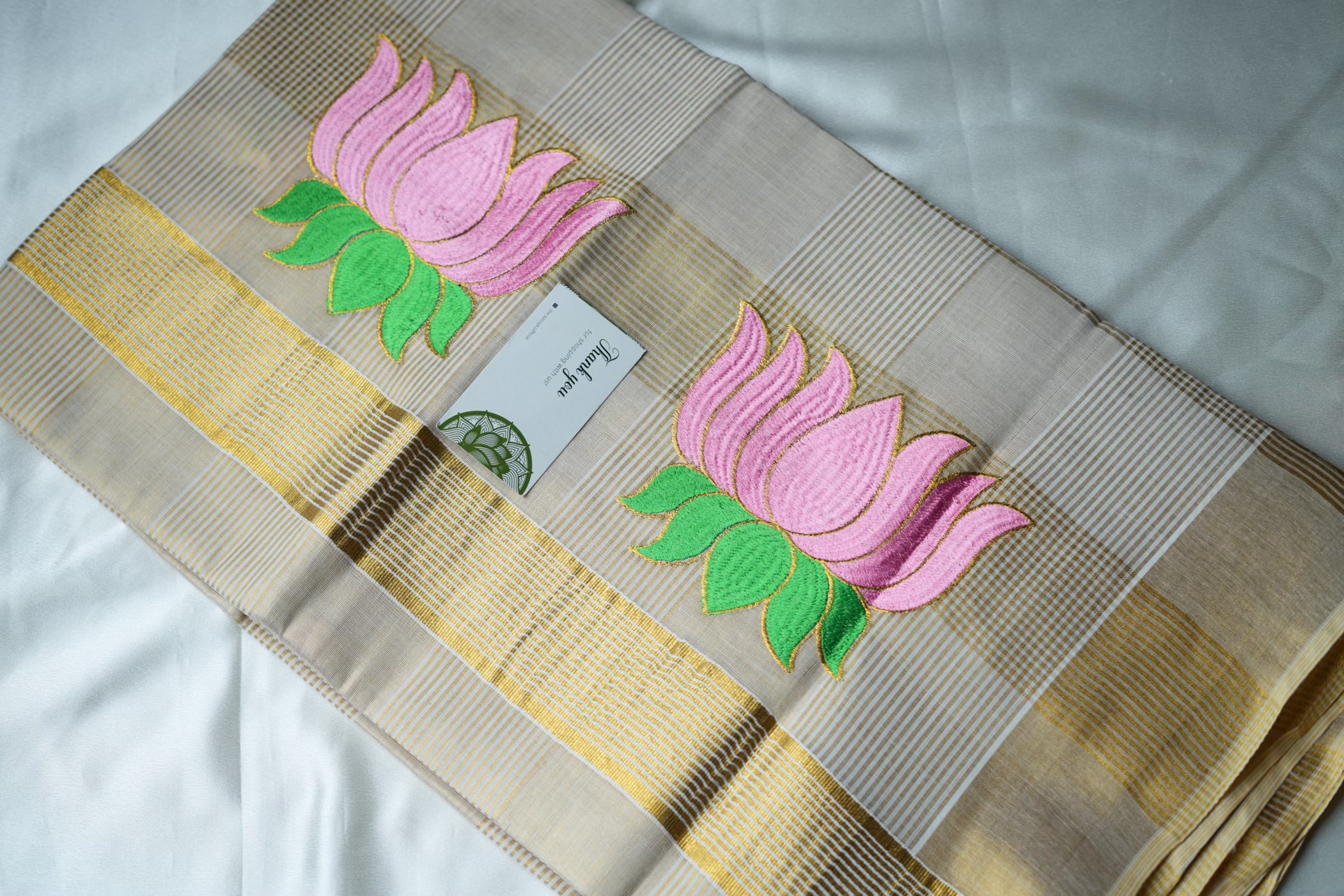 Kerala Kasavu Saree with Exquisite Lotus Embroidery