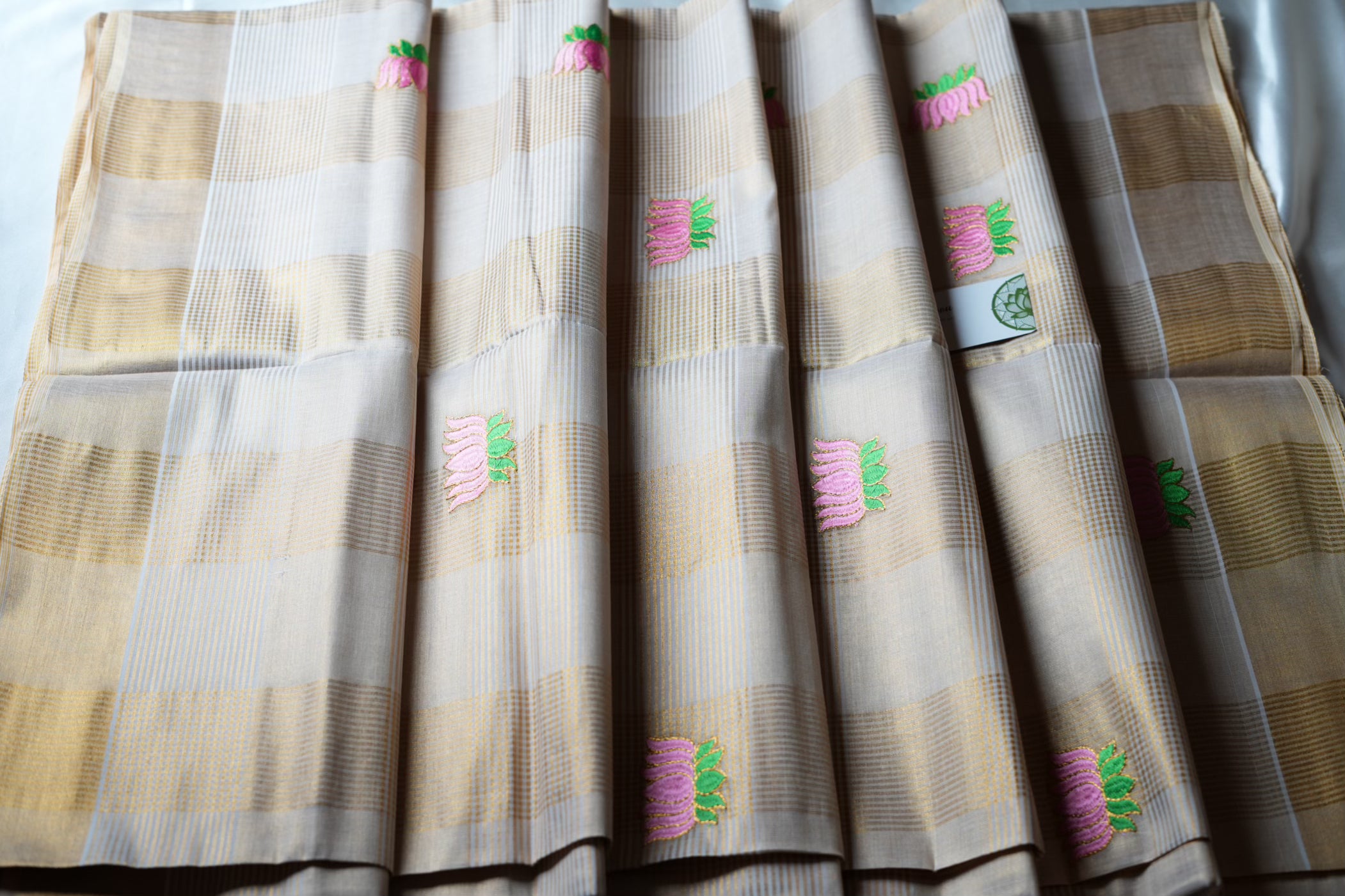 Kerala Kasavu Saree with Exquisite Lotus Embroidery