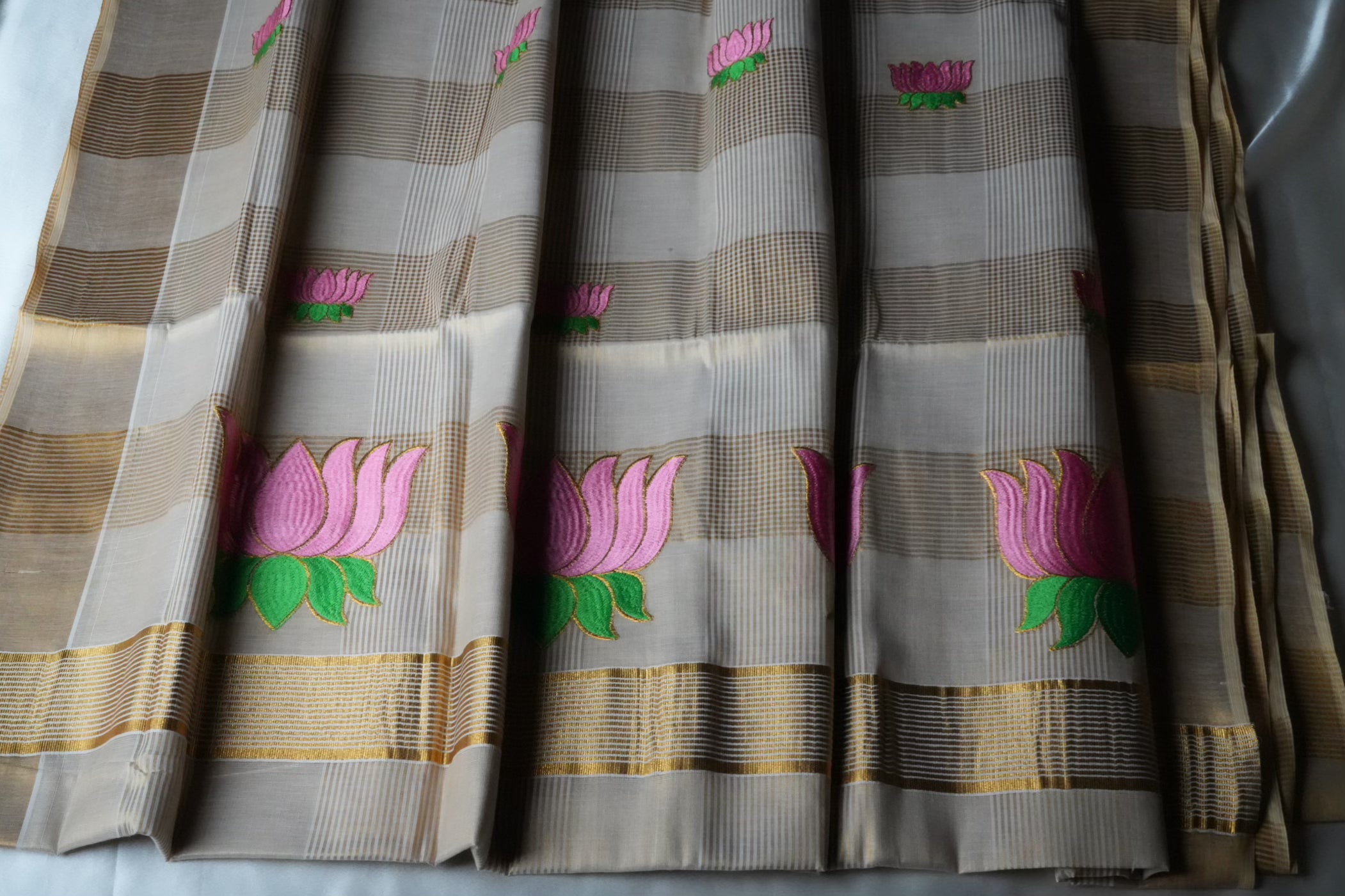 Kerala Kasavu Saree with Exquisite Lotus Embroidery
