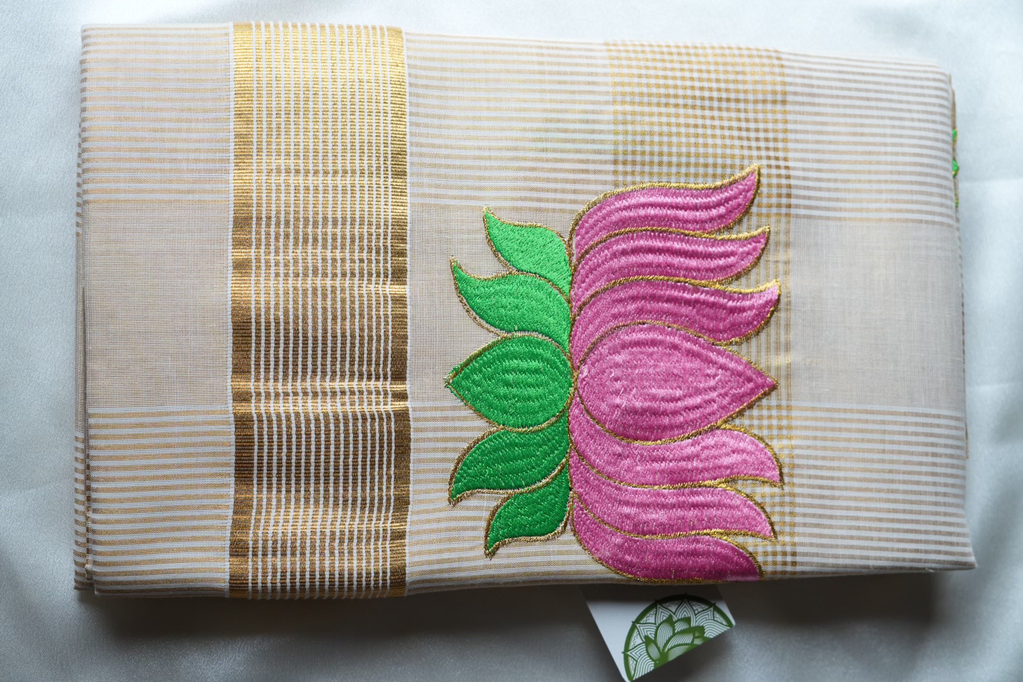 Kerala Kasavu Saree with Exquisite Lotus Embroidery