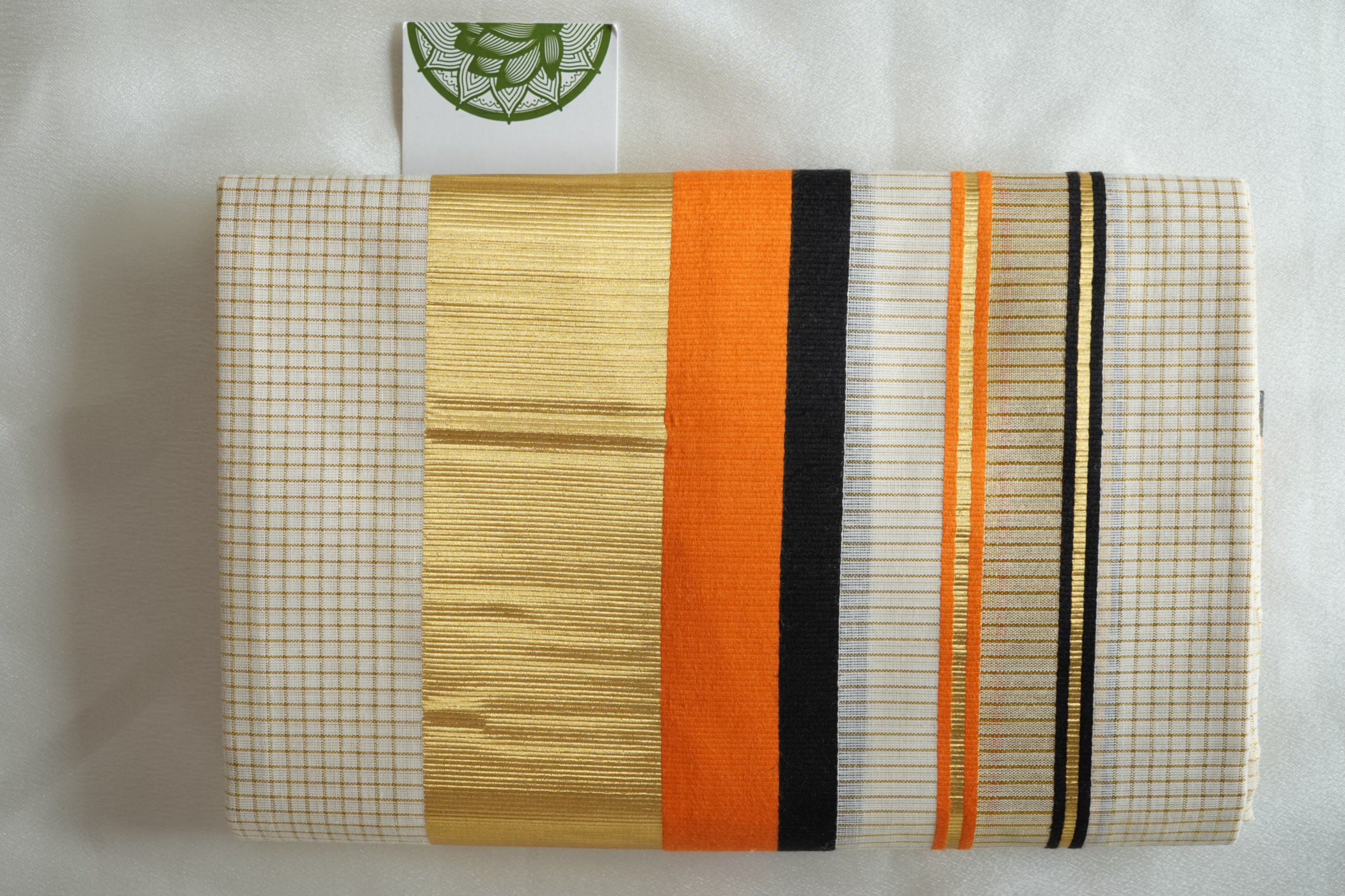 Premium Kerala Single Set Mundu with Vibrant Orange and Multi-Color Borders