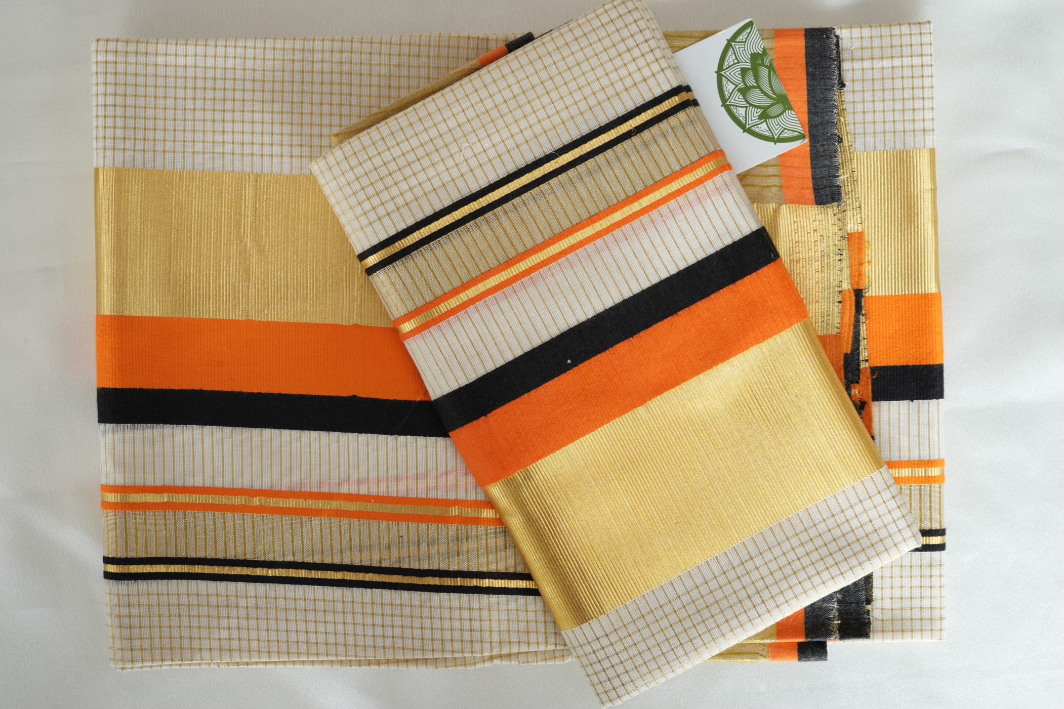 Premium Kerala Single Set Mundu with Vibrant Orange and Multi-Color Borders