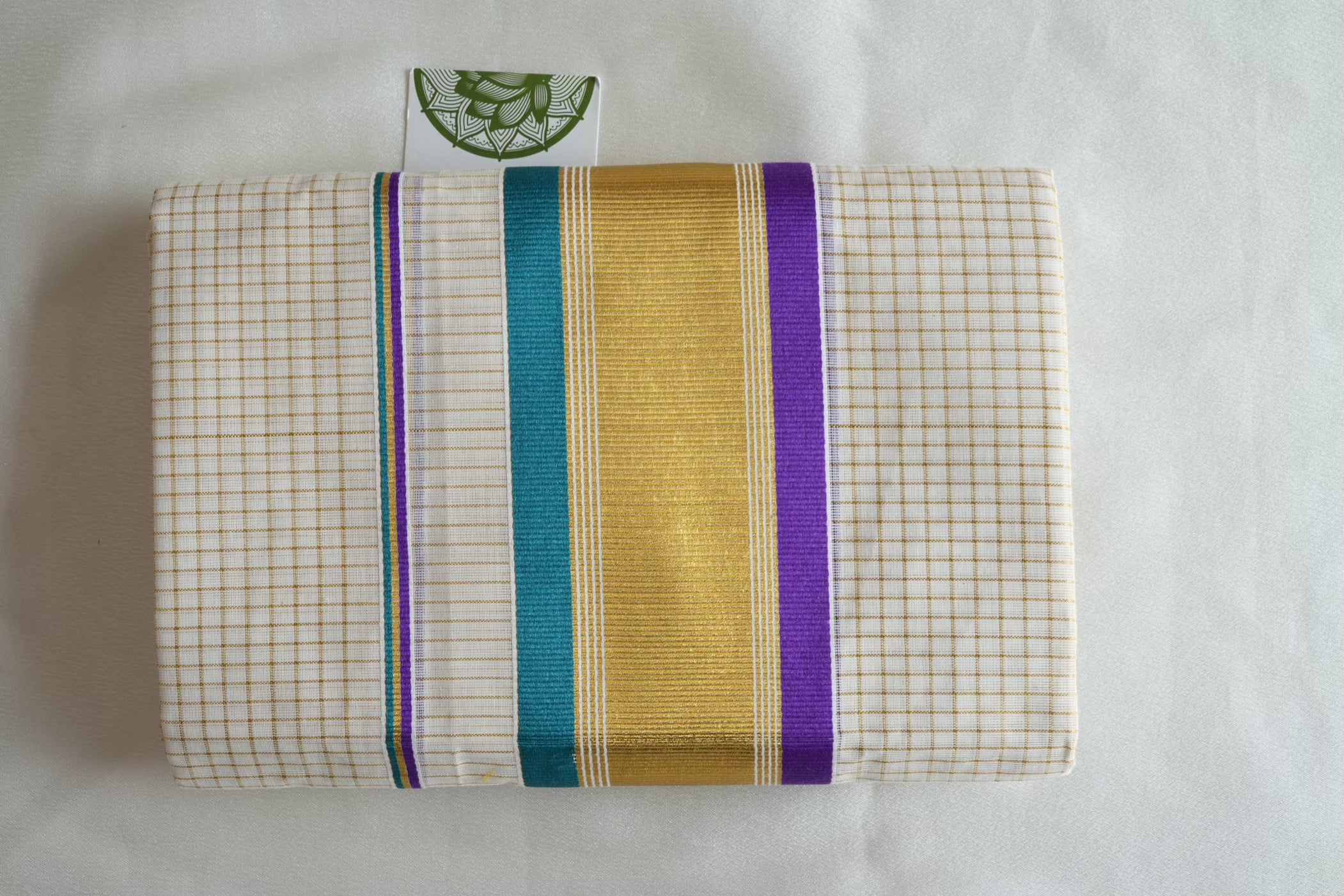 Contemporary Kerala Single Set Mundu with Bold Navy & Silver Striped Borders