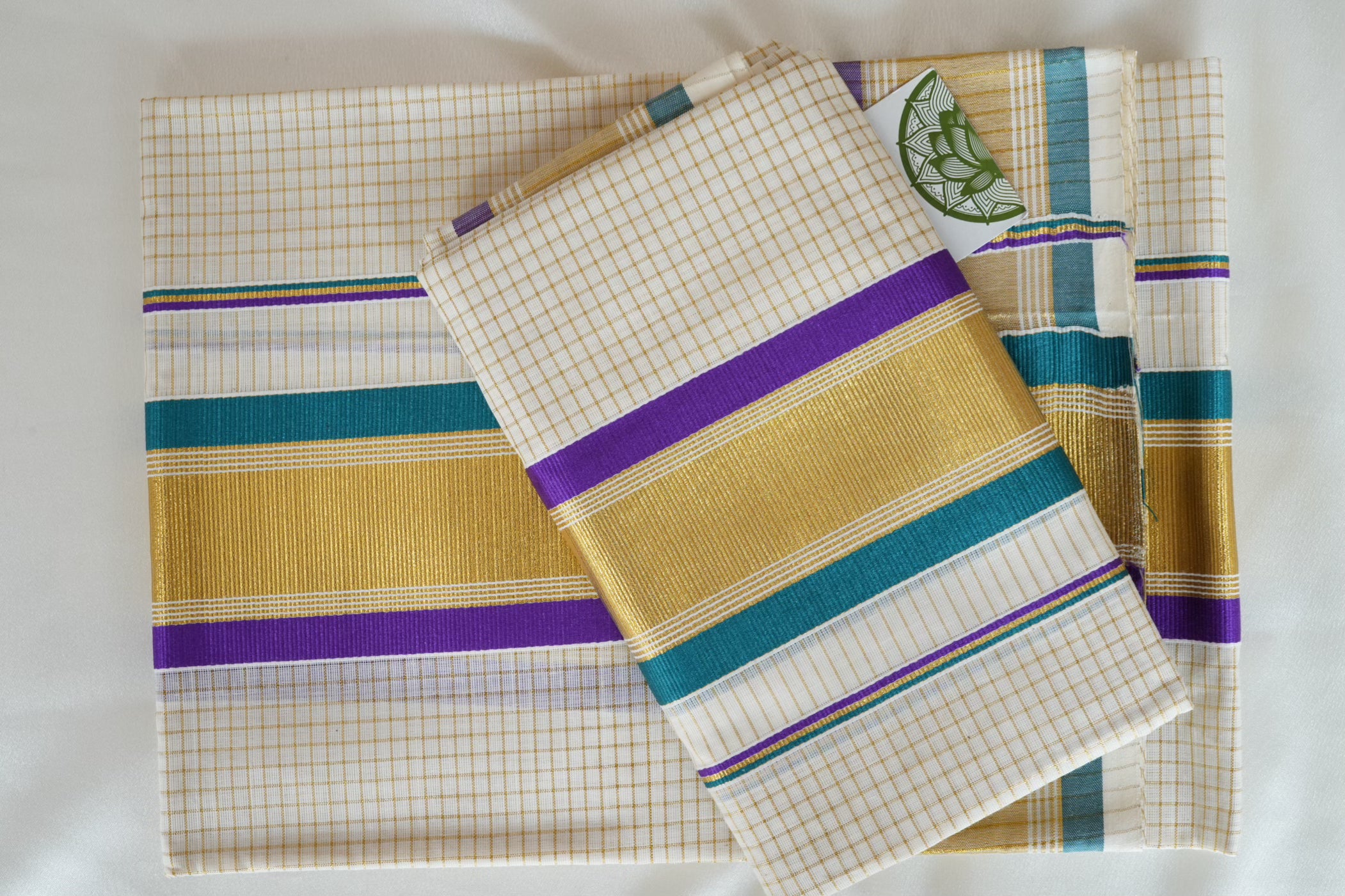 Contemporary Kerala Single Set Mundu with Bold Navy & Silver Striped Borders