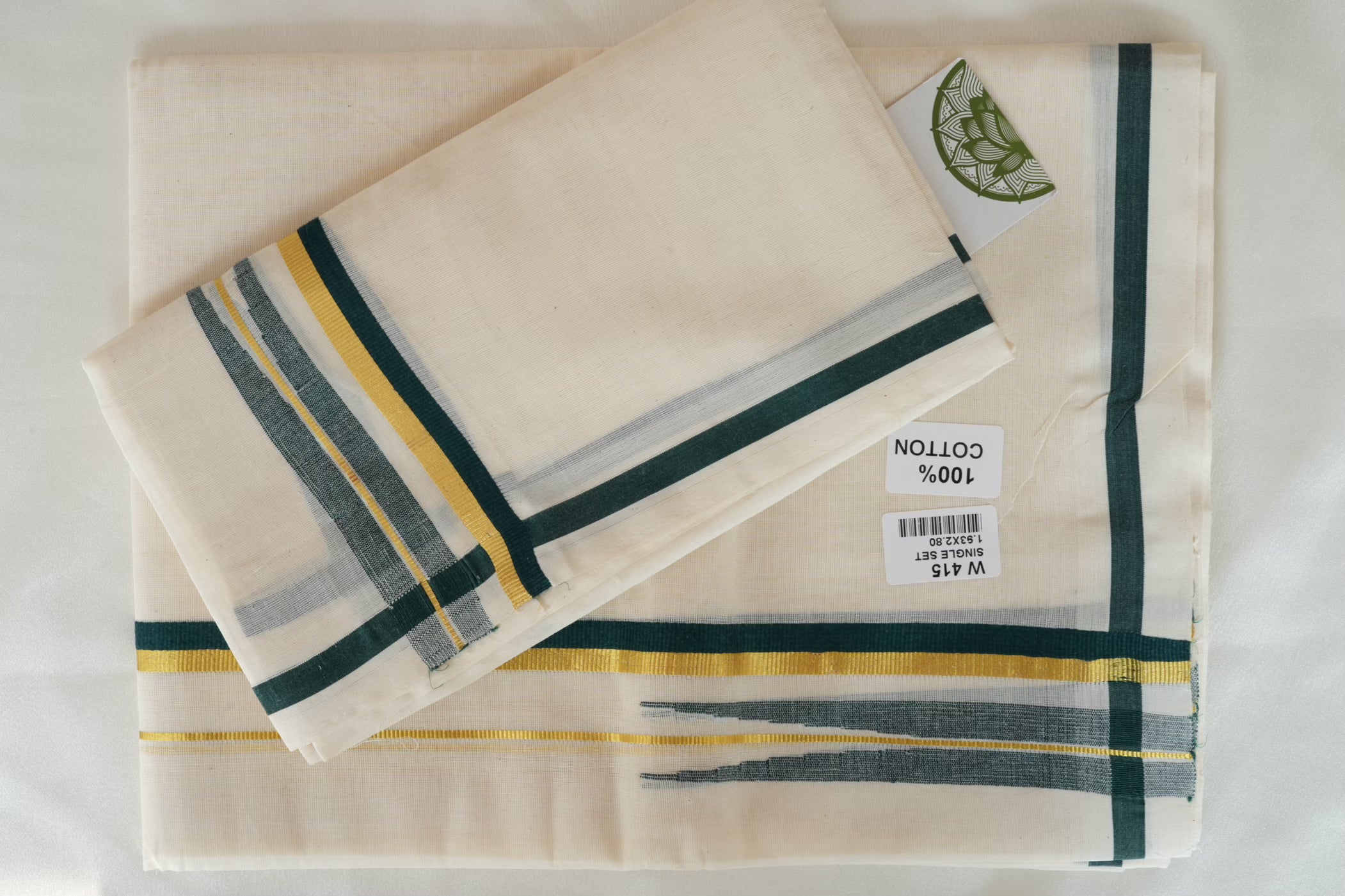 Premium Puliyilakkara Chutti Kerala Single Set Mundu with Deep Forest Green & Gold Accents