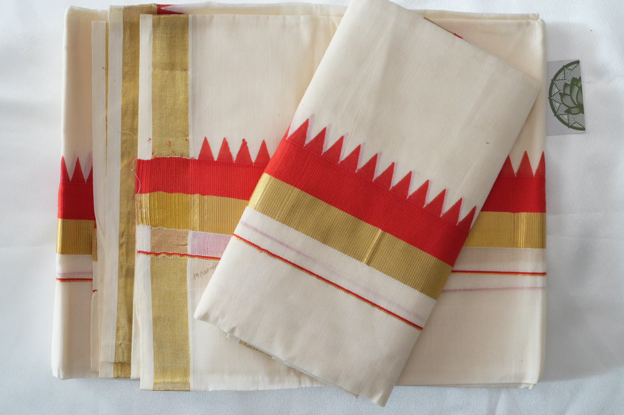 Single Set Mundu in Red Temple Design border