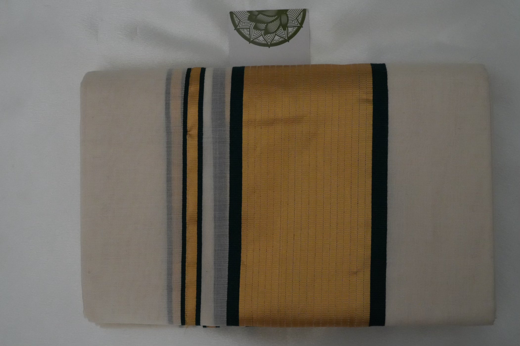 Premium Balaramapuram Unakkapavu Pure Cotton Handloom Set Mundu with Bottle Green Stripes