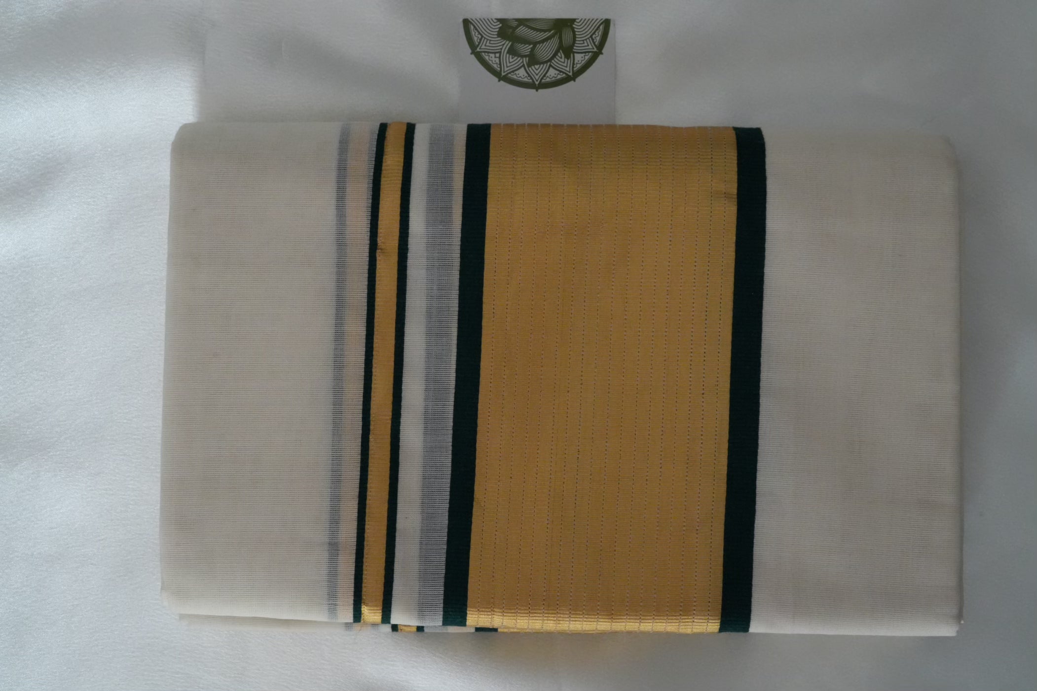 Premium Balaramapuram Unakkapavu Pure Cotton Handloom Set Mundu with Bottle Green Stripes