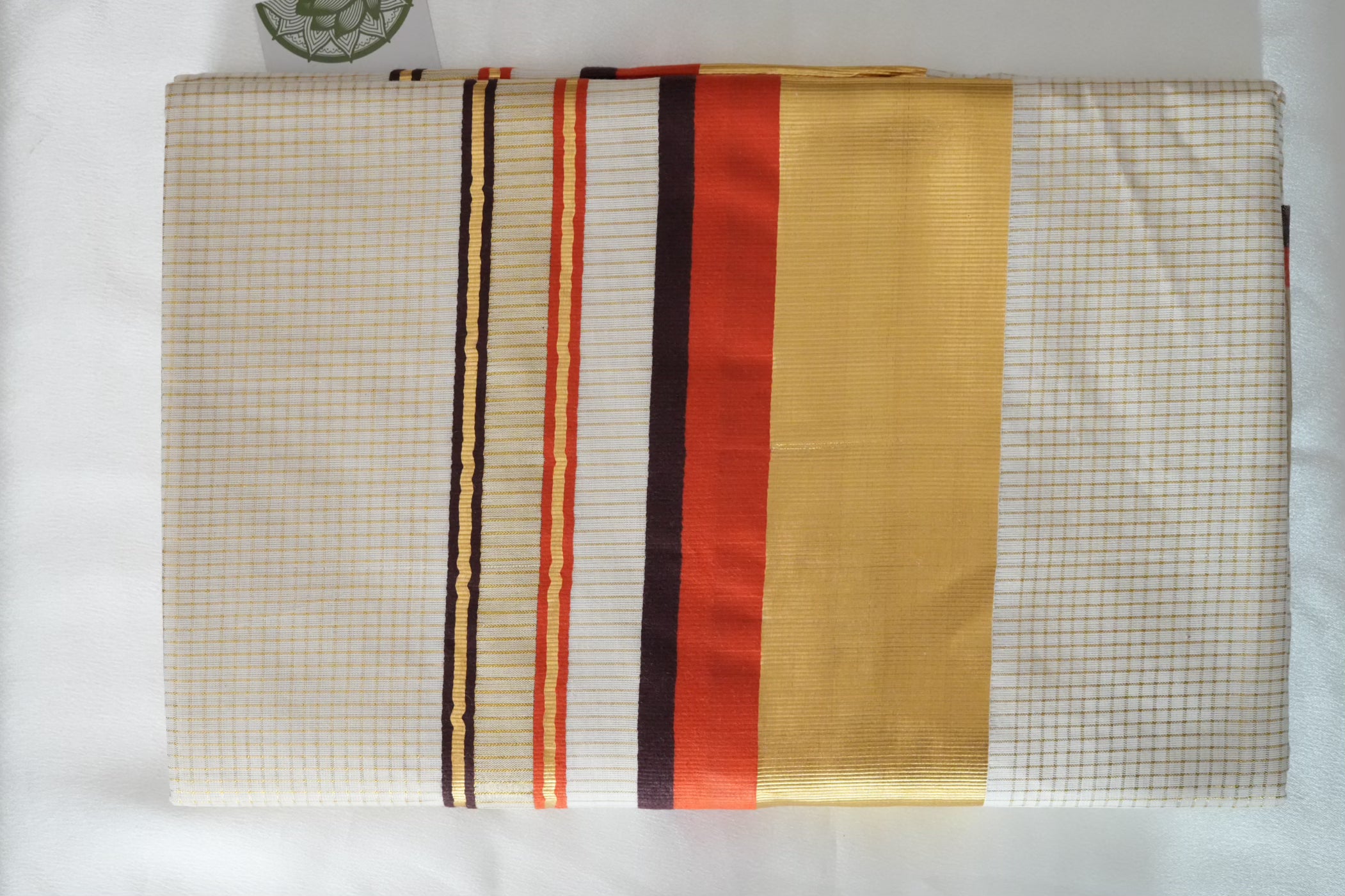 Elegant Kerala Saree with Vibrant Brick Red & Gold Festive Accents