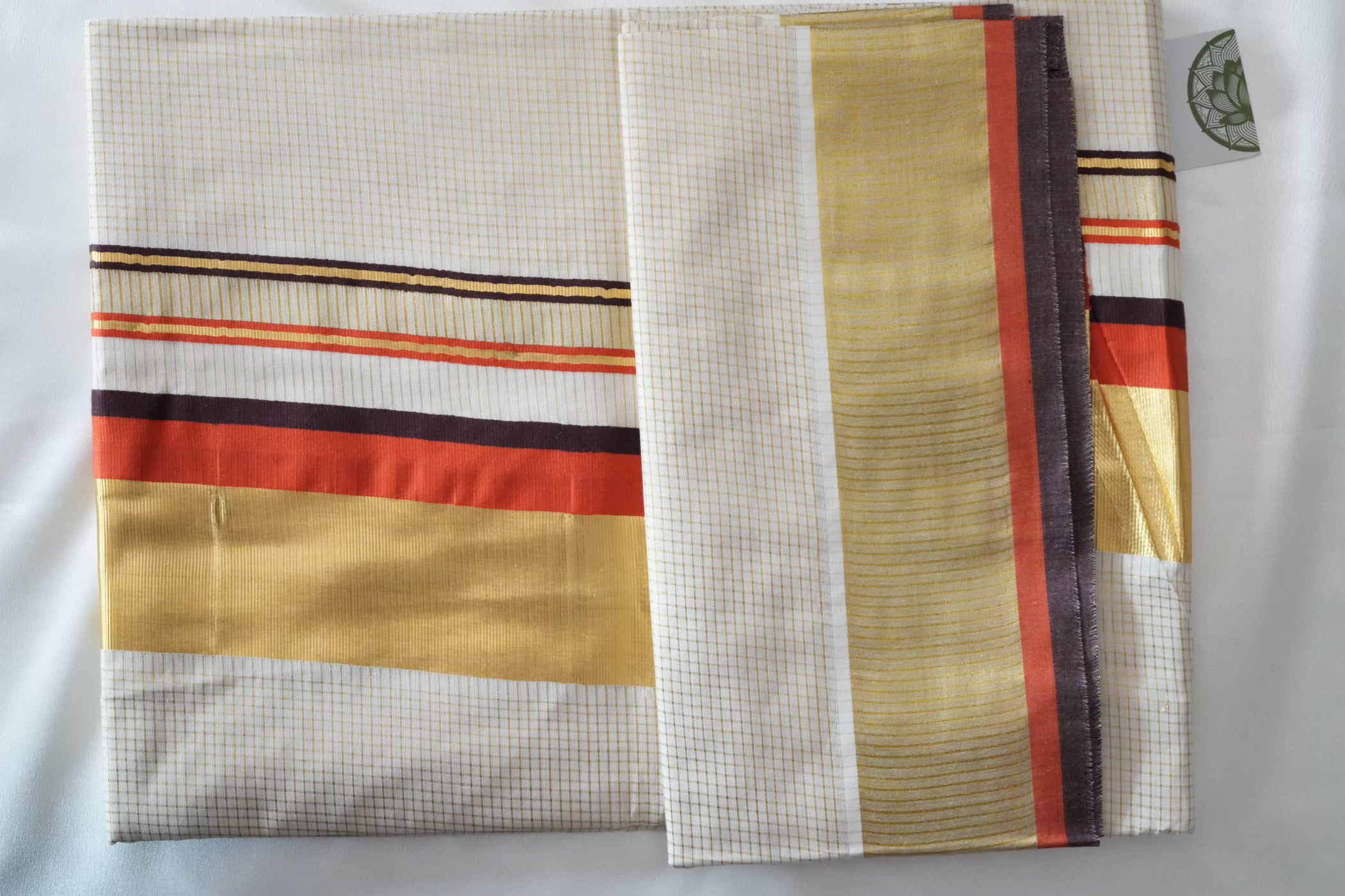 Elegant Kerala Saree with Vibrant Brick Red & Gold Festive Accents