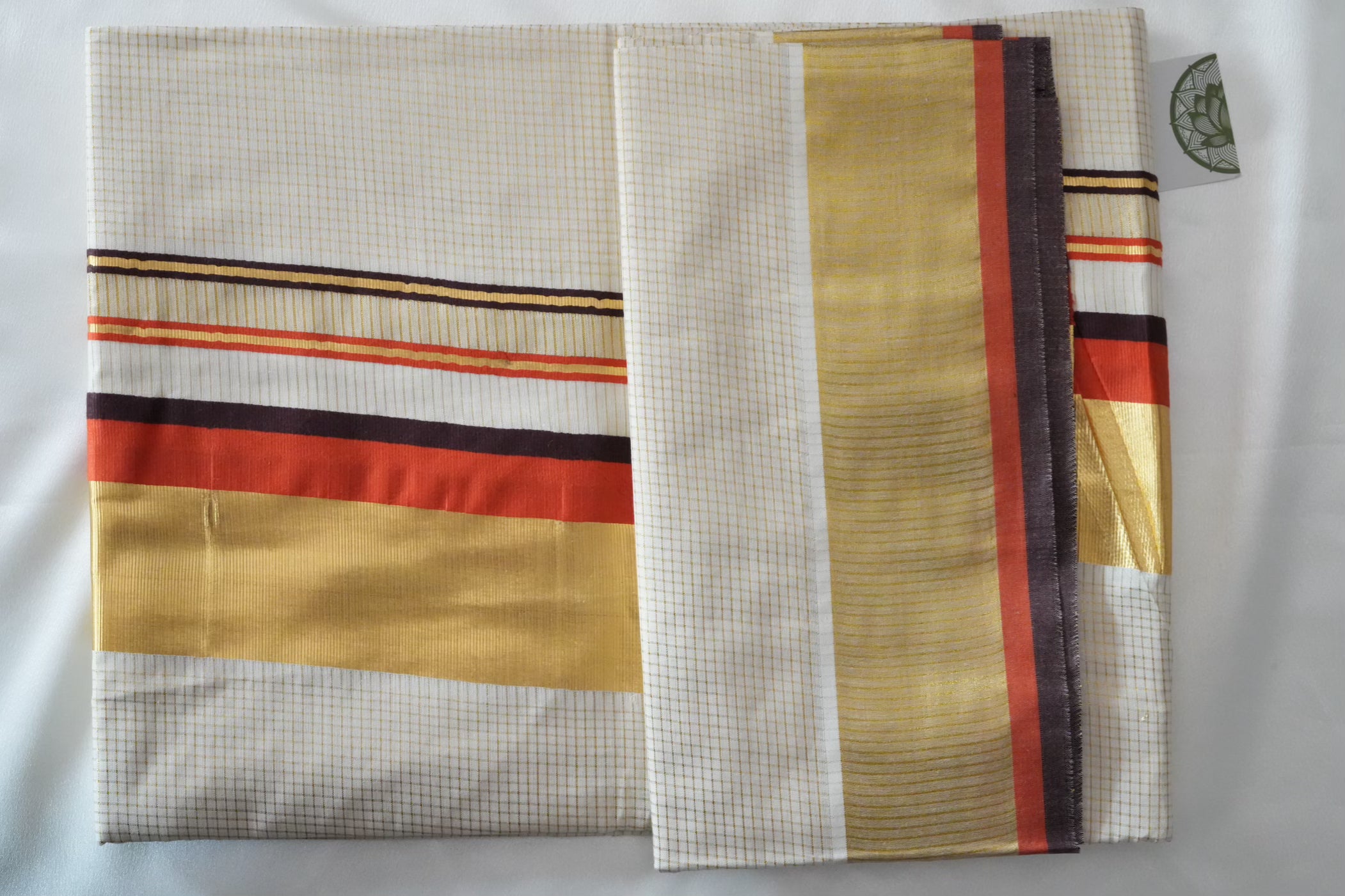 Elegant Kerala Saree with Vibrant Brick Red & Gold Festive Accents