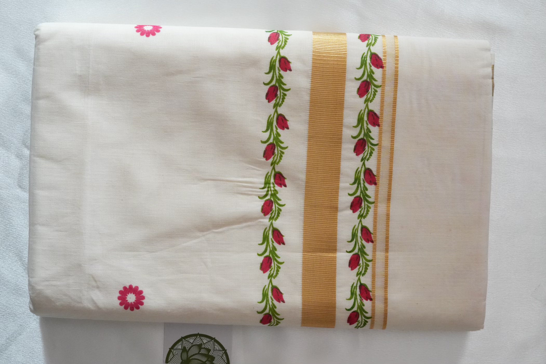 Artistically Hand-Painted Traditional Kerala Saree with Red Floral Vine & Gold Accents