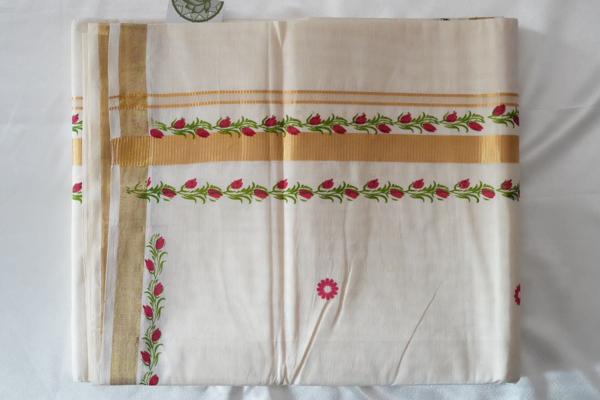 Artistically Hand-Painted Traditional Kerala Saree with Red Floral Vine & Gold Accents