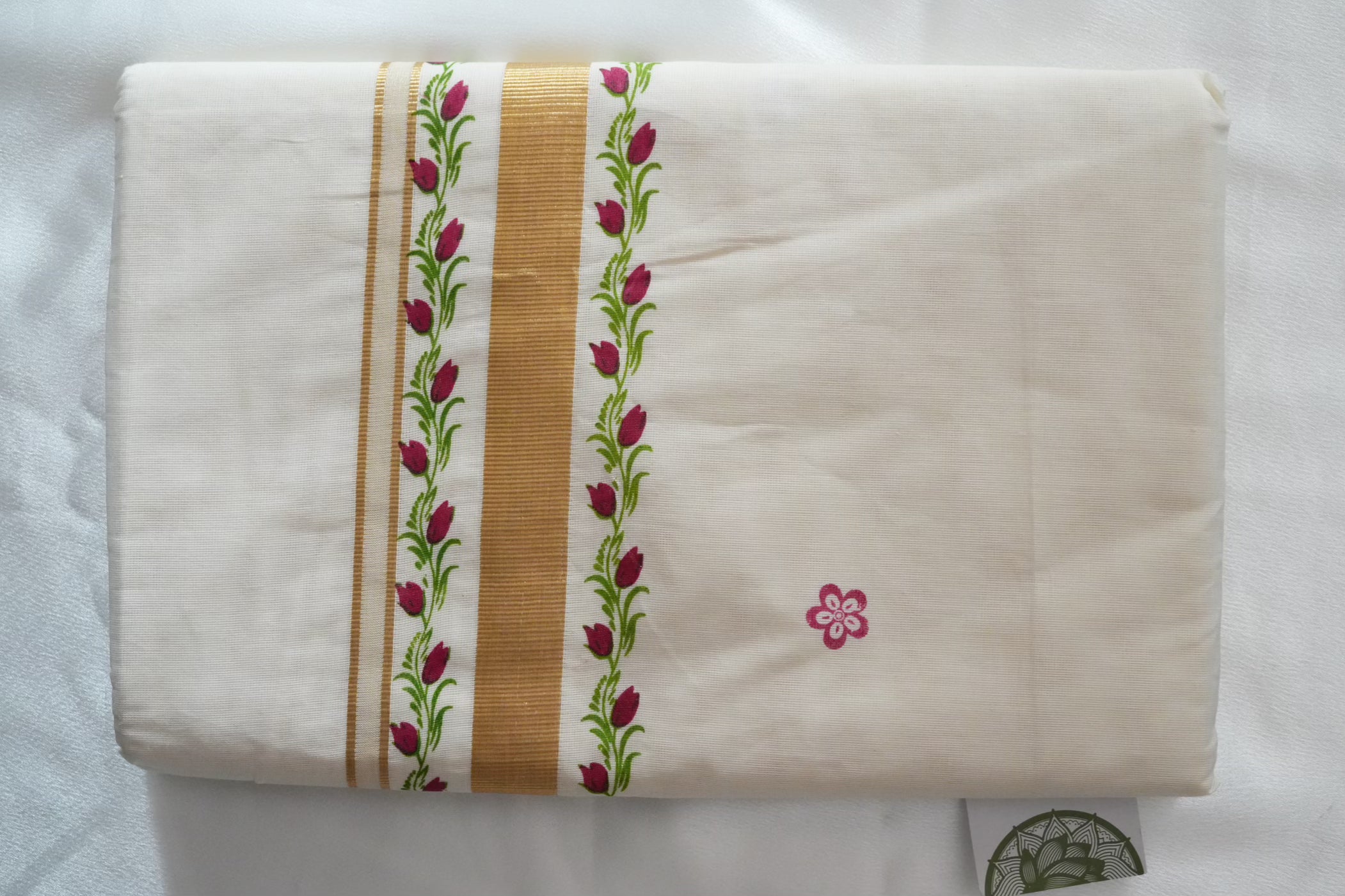 Artistically Hand-Painted Traditional Kerala Saree with Pink Floral Vine & Gold Accents