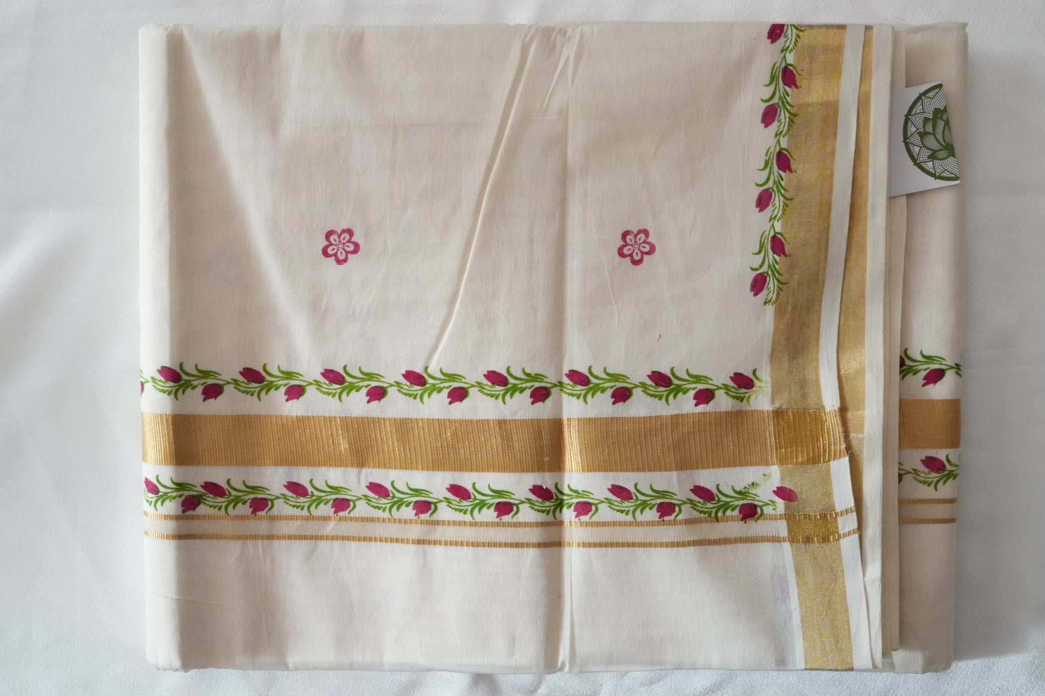 Artistically Hand-Painted Traditional Kerala Saree with Pink Floral Vine & Gold Accents