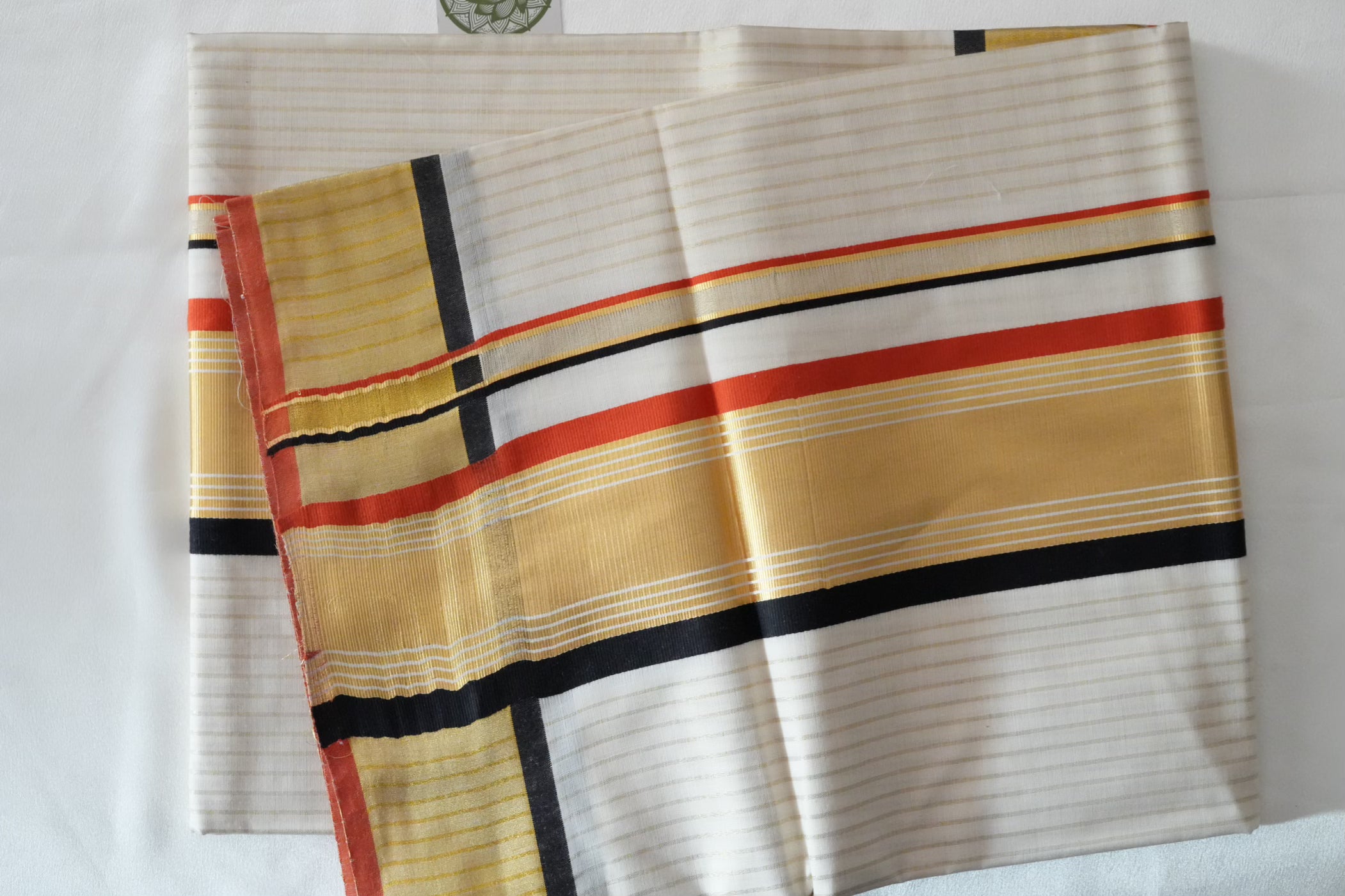 Handloom Replica Pure Cotton Kerala Saree with Black & Orange Accents