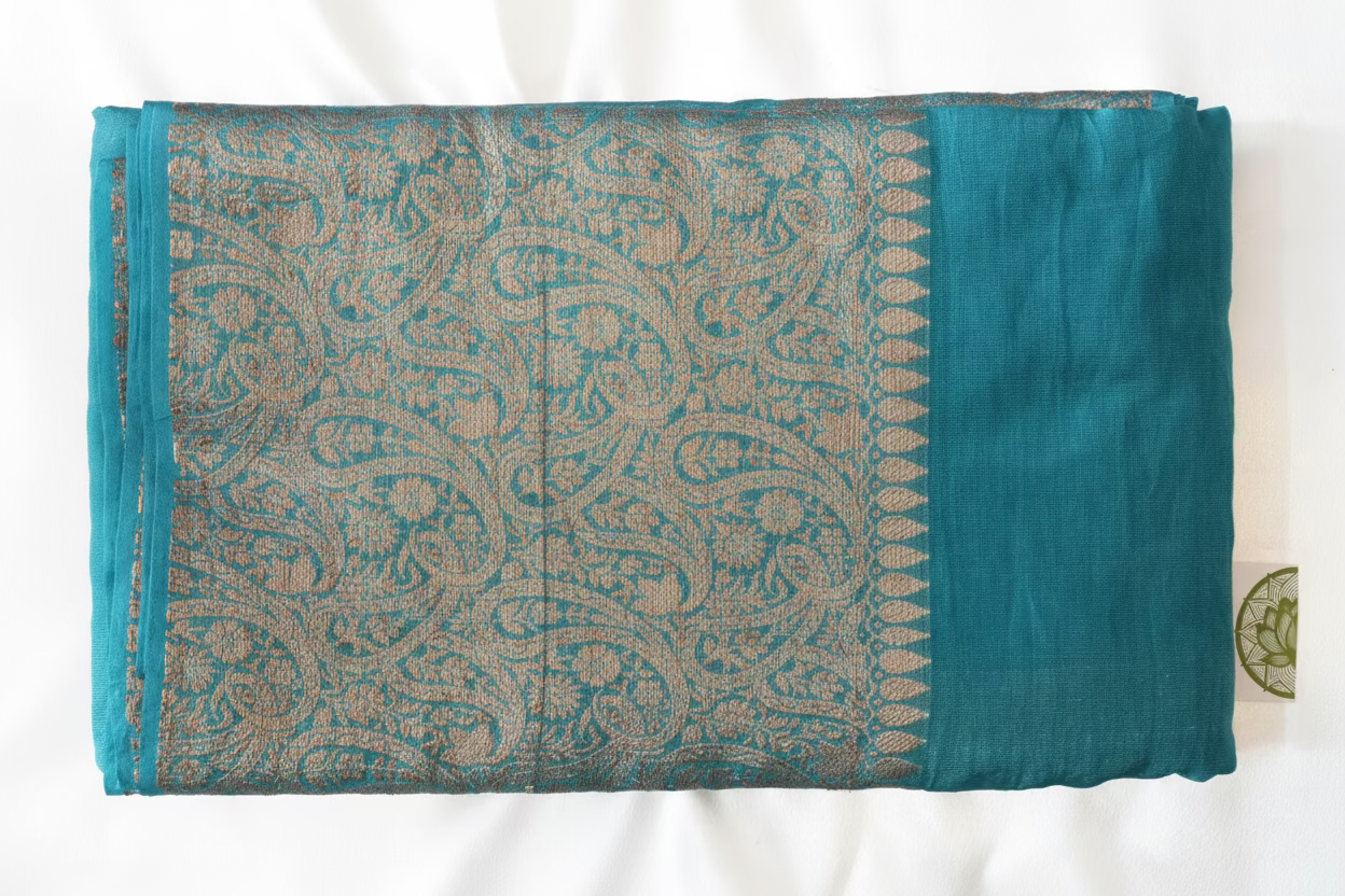 Teal Blue Banarasi Georgette Saree with Ornate Gold Zari Paisley Pallu