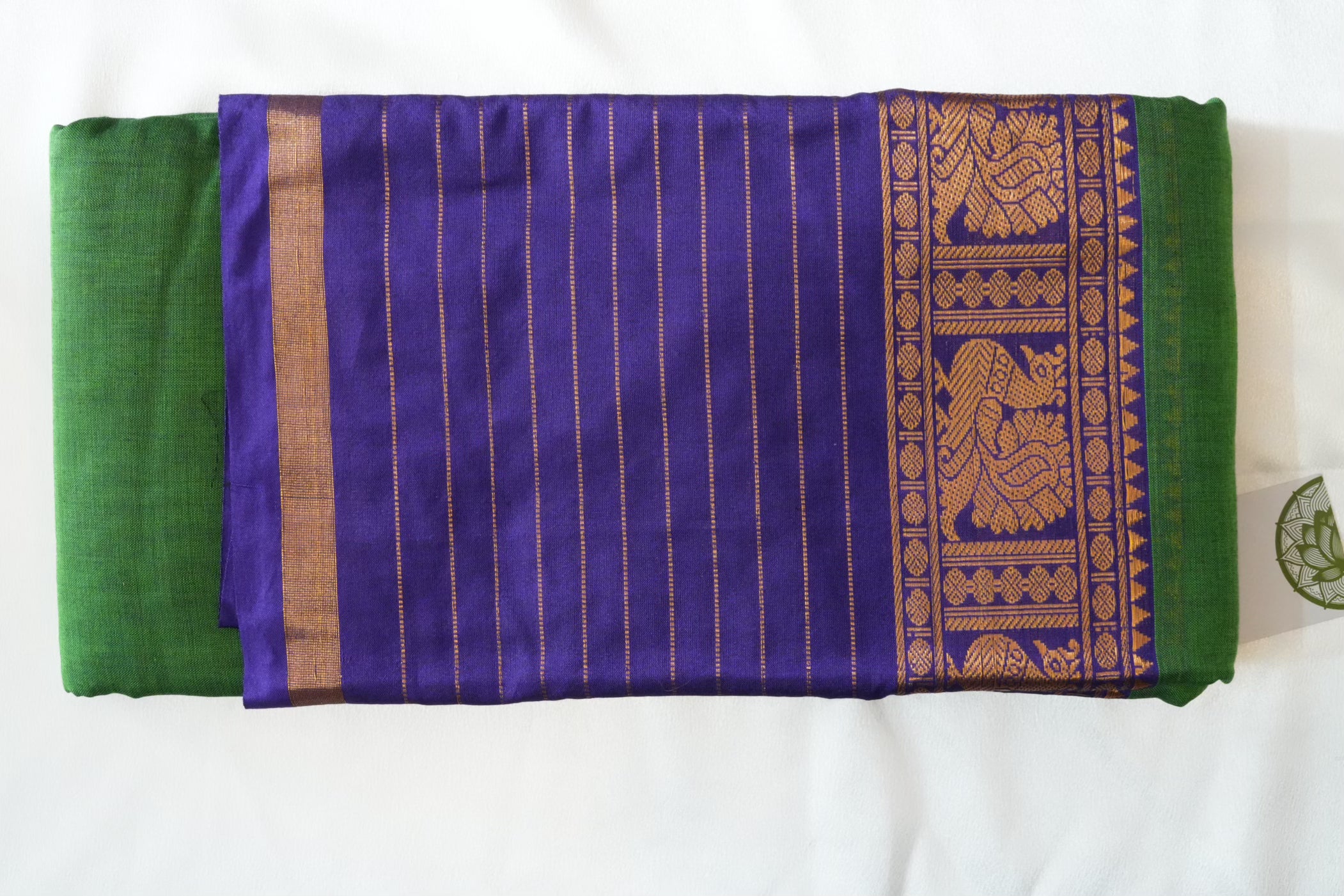 Leafy Green Narayanpeth Cotton Saree with Traditional Peacock & Gold Borders