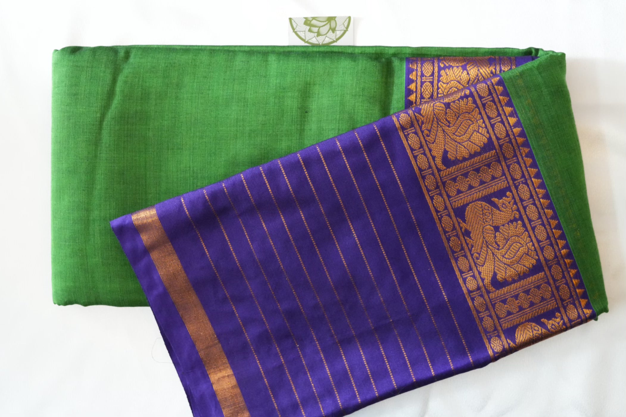Leafy Green Narayanpeth Cotton Saree with Traditional Peacock & Gold Borders