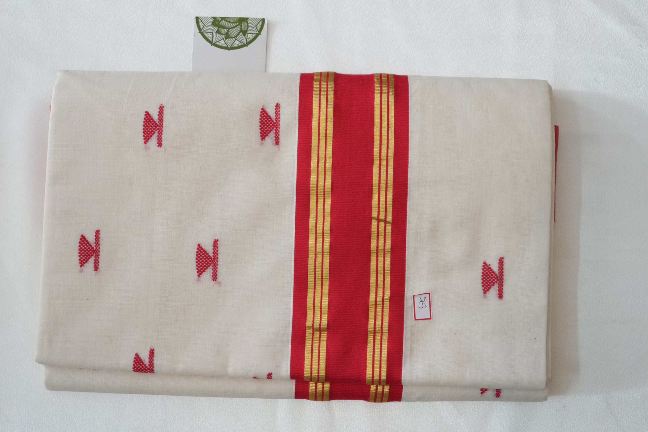Pure Cotton Balaramapuram Unakapavu Handloom Kerala Kasavu Saree with Crimson Red border and Red buttas