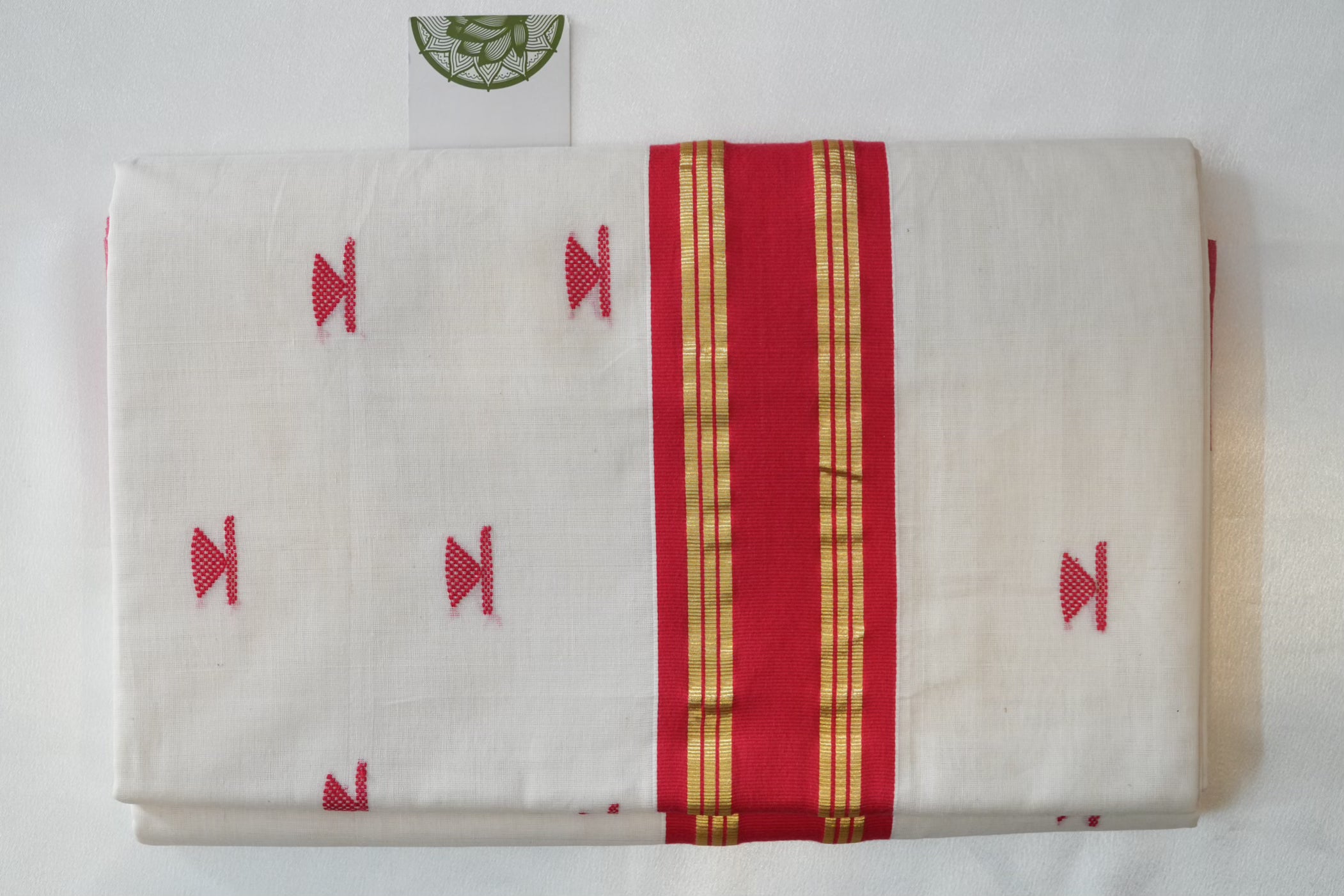 Pure Cotton Balaramapuram Unakapavu Handloom Kerala Kasavu Saree with Crimson Red border and Red buttas