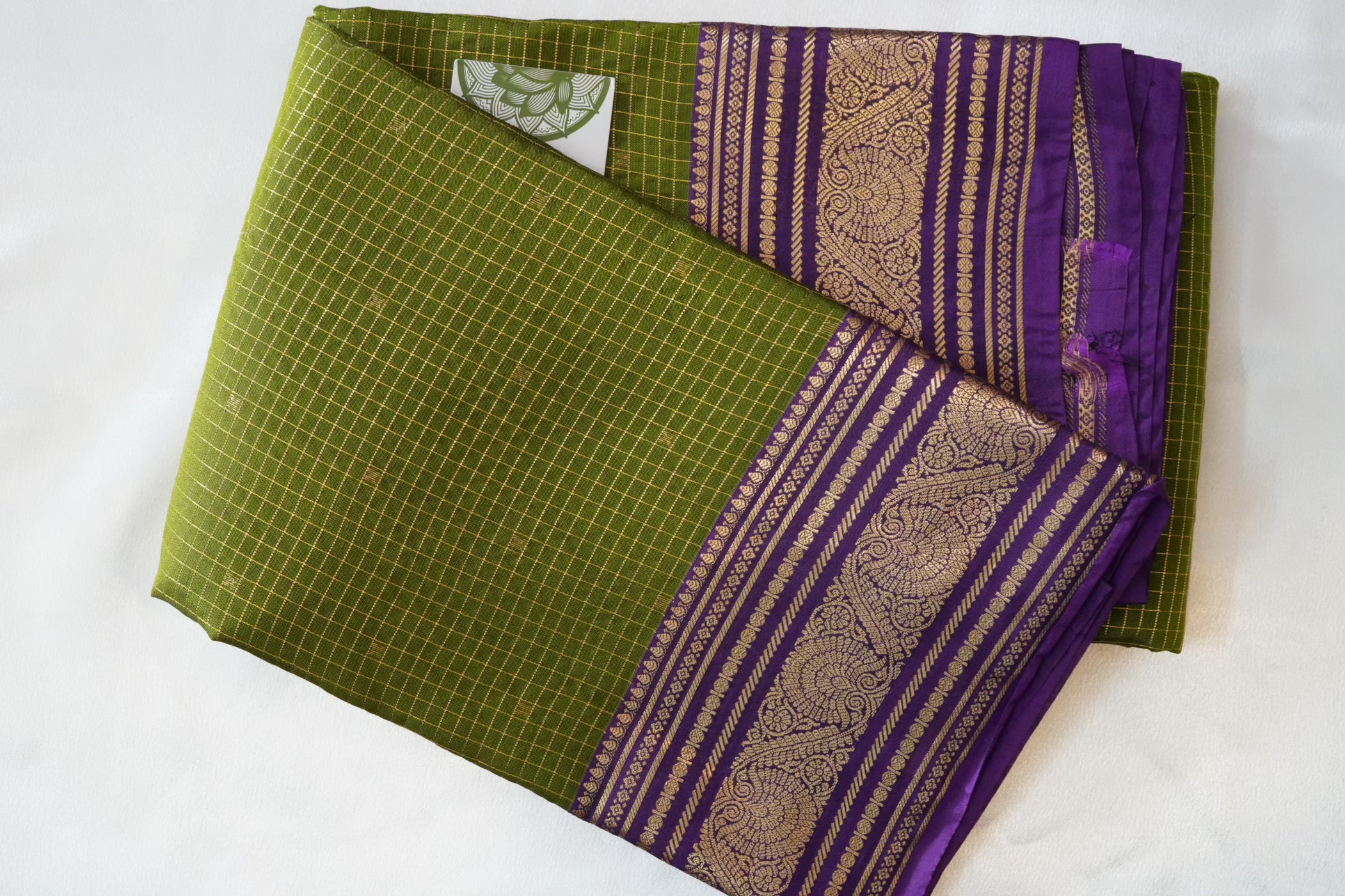 Olive Green Pure Kancheepuram Silk Saree with Purple Zari Border
