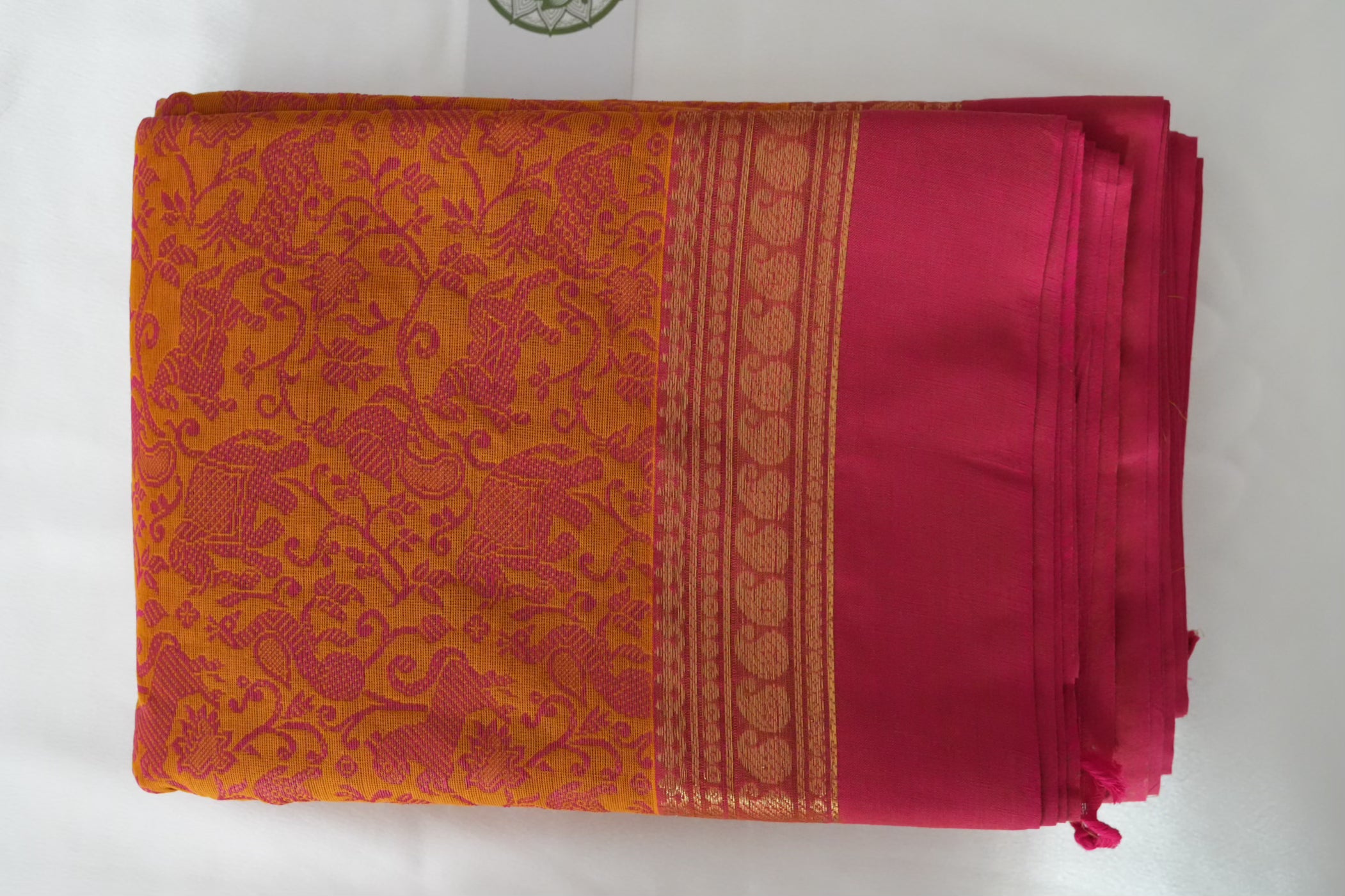 Mustard & Pink Vanasingaram Kanchi Cotton Saree with Jacquard Animal Motifs