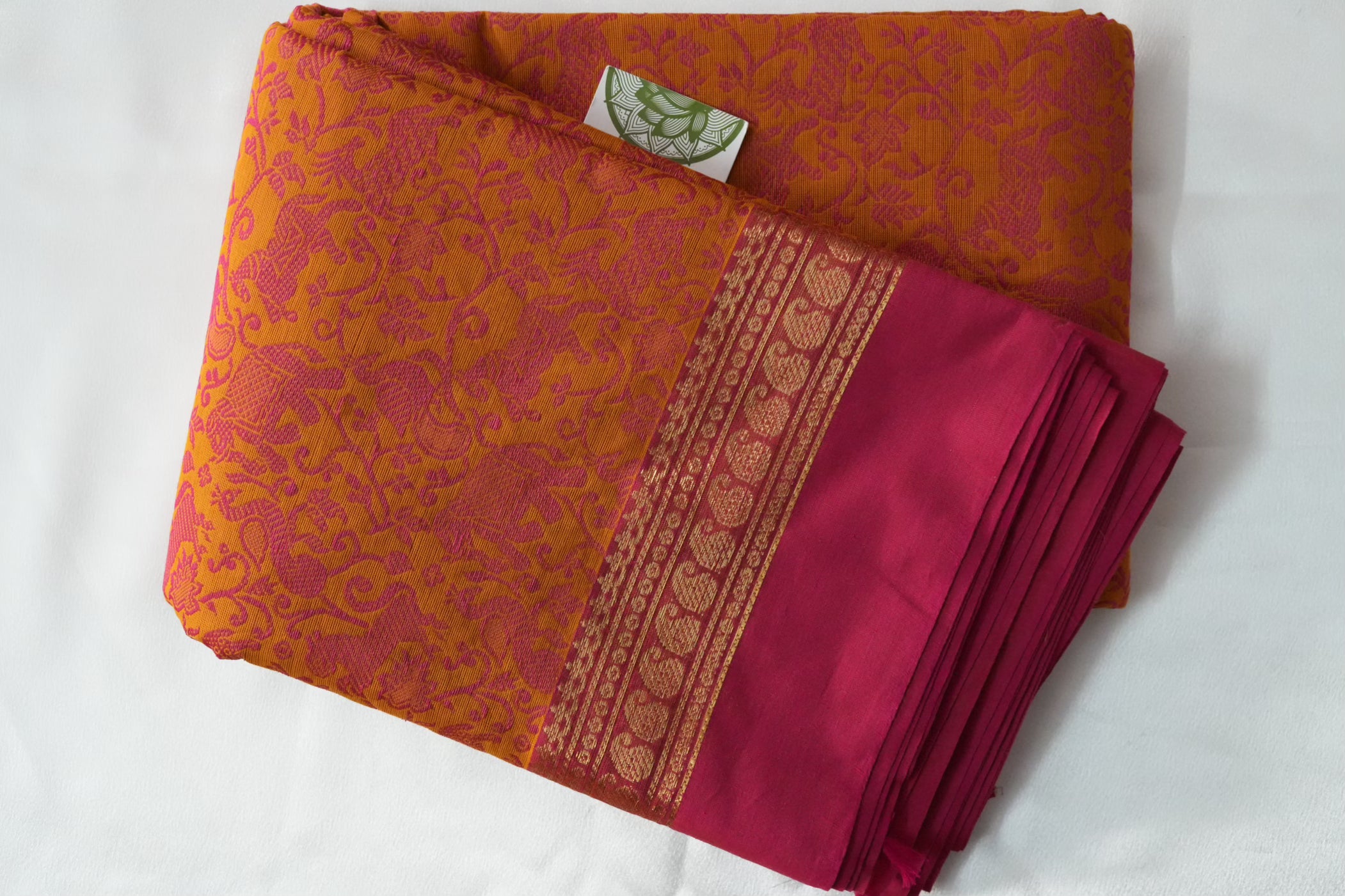 Mustard & Pink Vanasingaram Kanchi Cotton Saree with Jacquard Animal Motifs