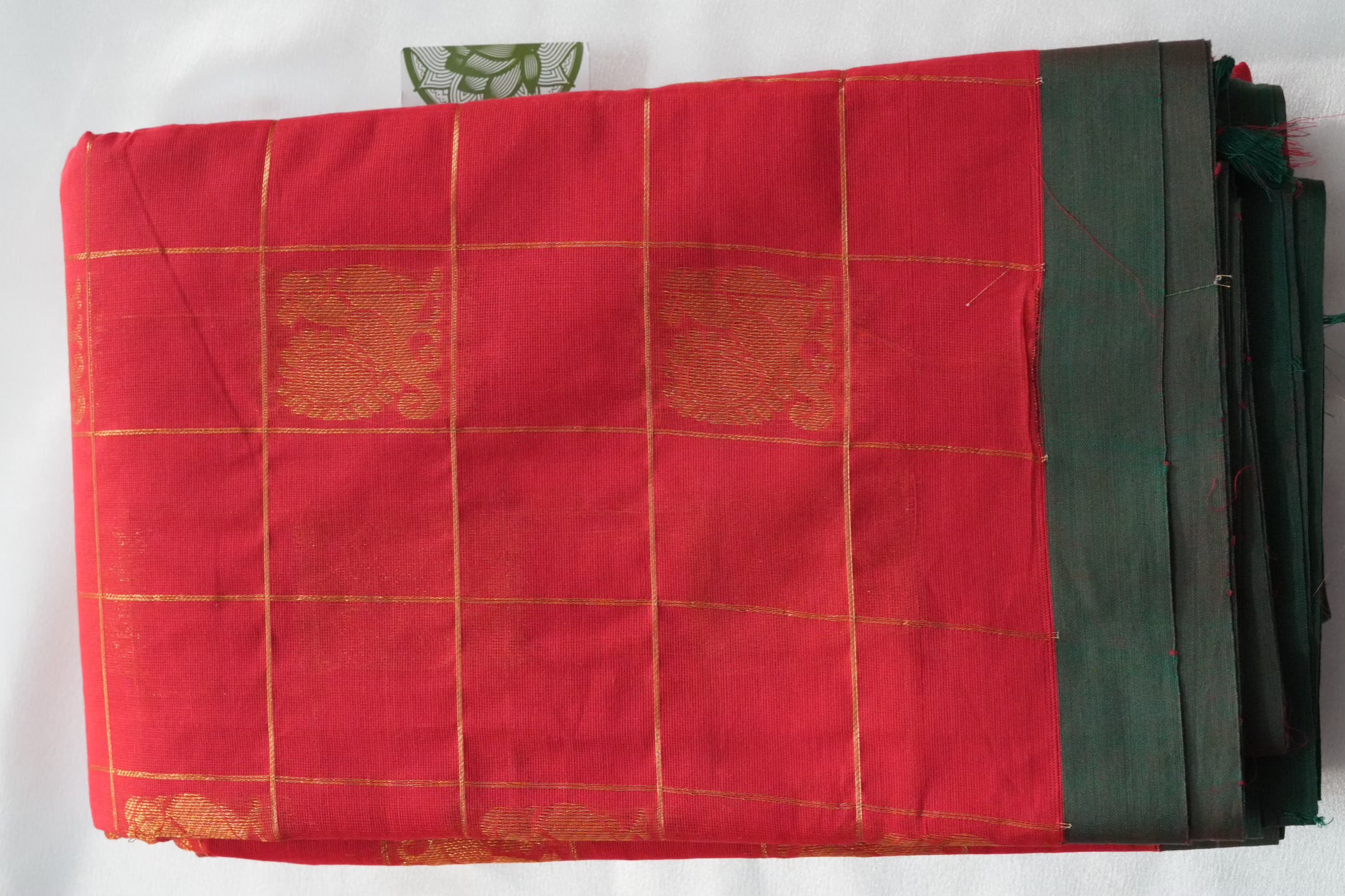 Vermilion Red Kanchi Cotton Saree with Gold Checks and Annapakshi Motifs