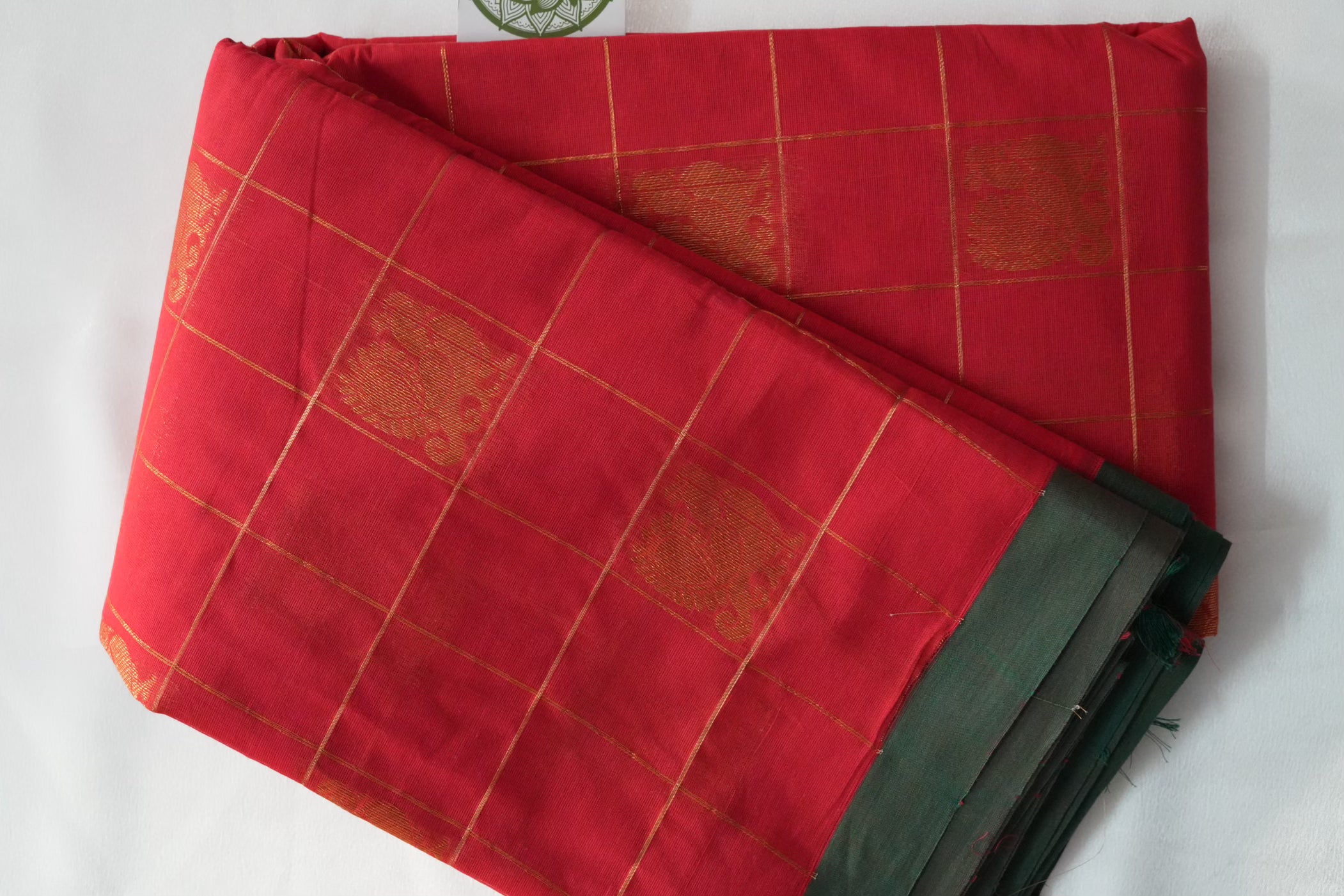 Vermilion Red Kanchi Cotton Saree with Gold Checks and Annapakshi Motifs