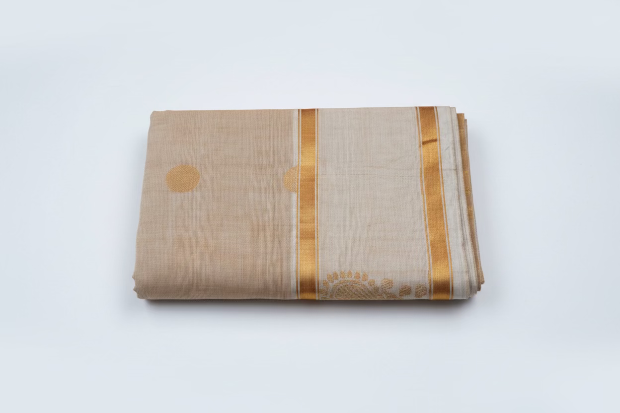 Sand Beige Kanchi Cotton Saree with Gold Buttas and Zari Border