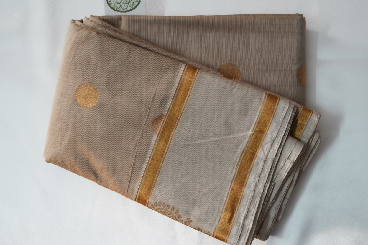 Sand Beige Kanchi Cotton Saree with Gold Buttas and Zari Border
