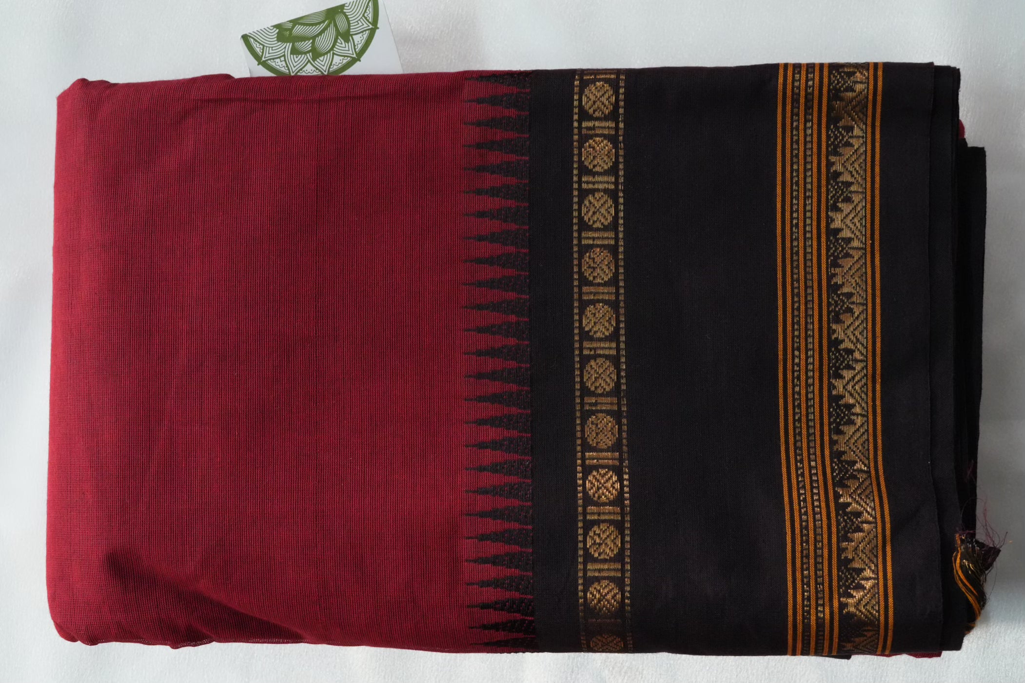 Crimson Red Kanchi Cotton Saree with Temple Border