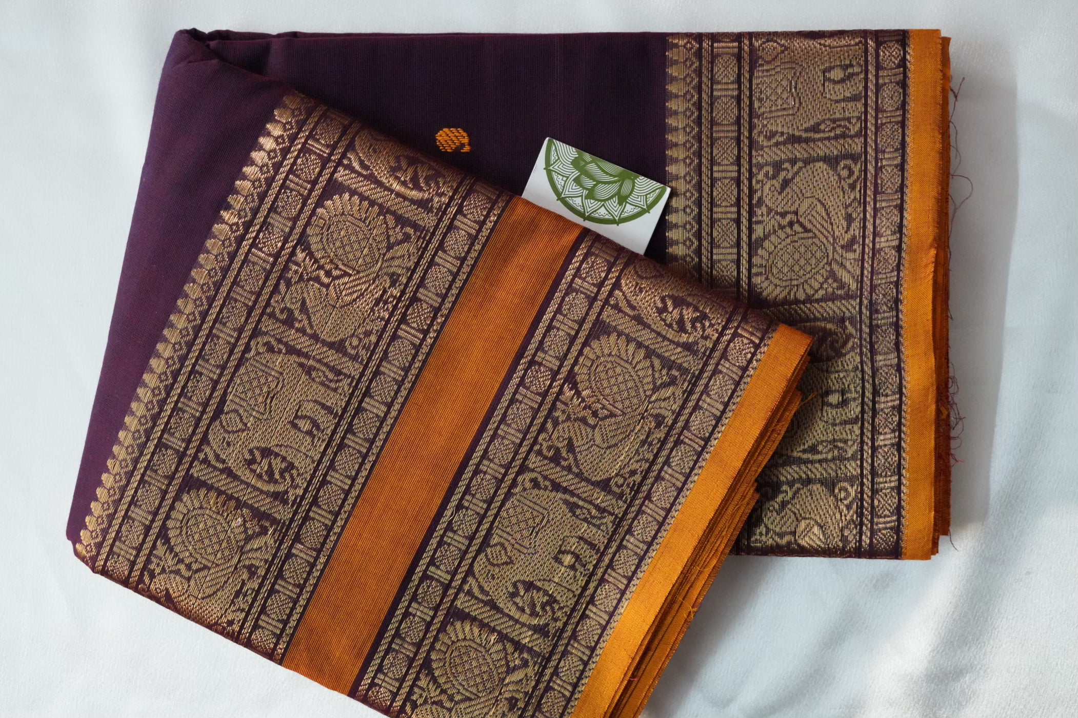 Royal Plum Kanchi Cotton Saree with Traditional Annapakshi and Elephant Motifs