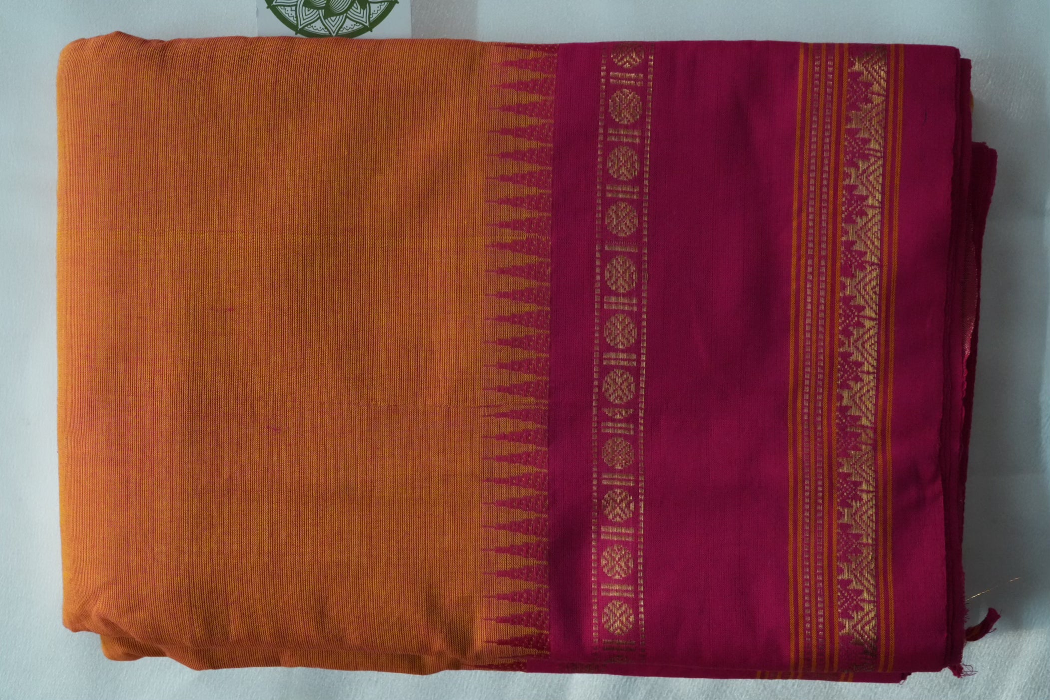 Mango Yellow & Rani Pink Kanchi Cotton Saree with Temple Border