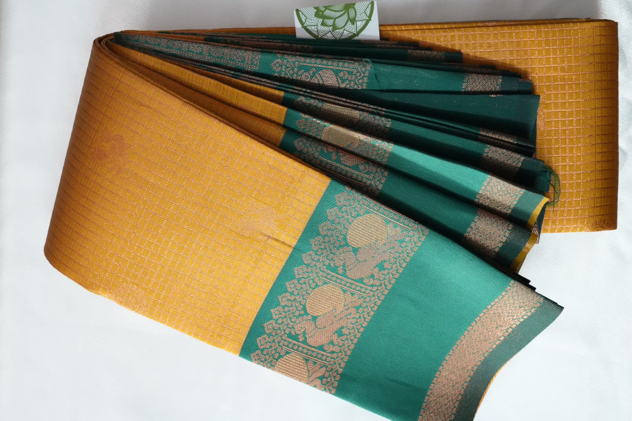 Mustard Yellow and Green Cotton Silk Saree