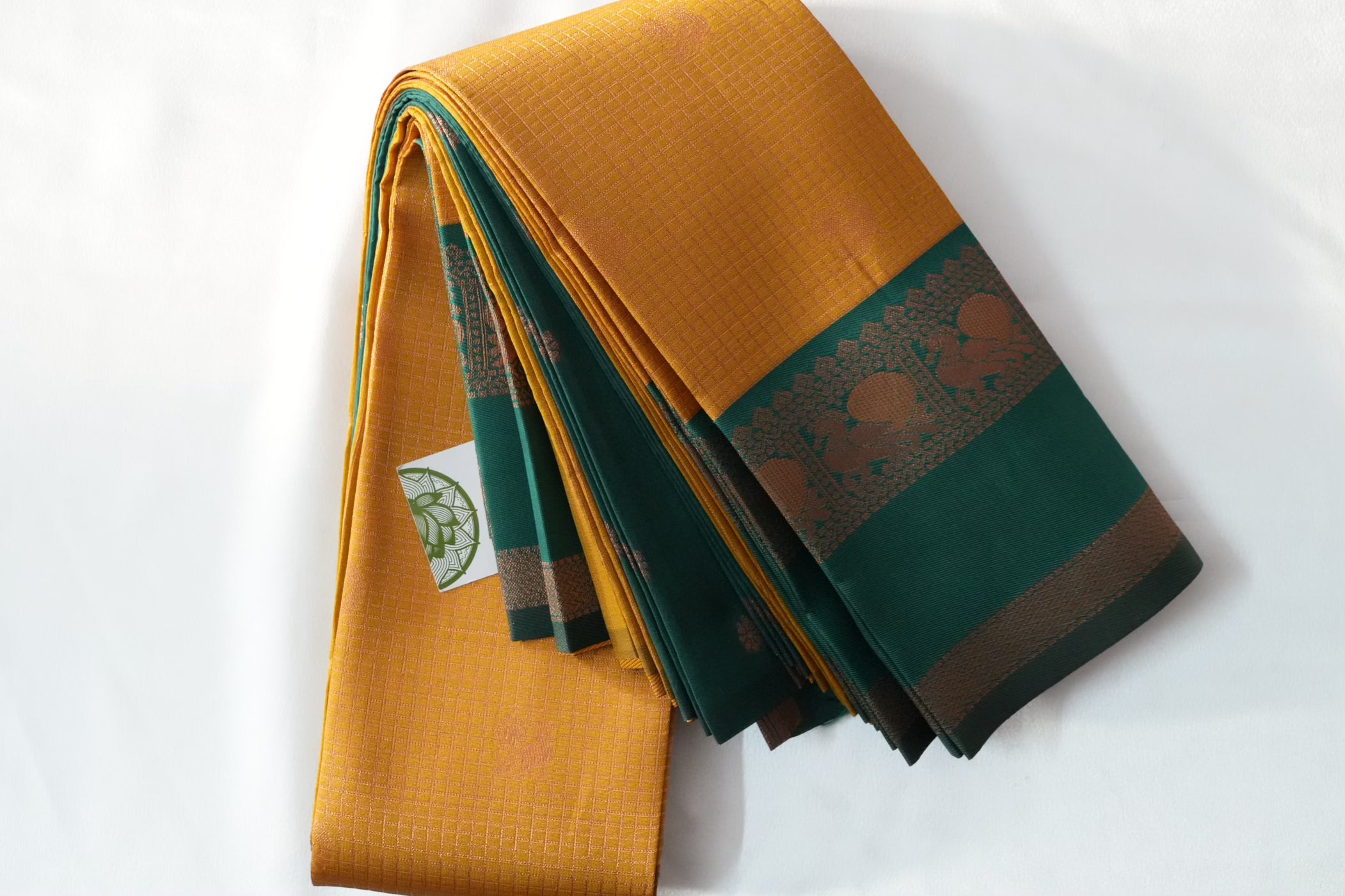 Mustard Yellow and Green Cotton Silk Saree