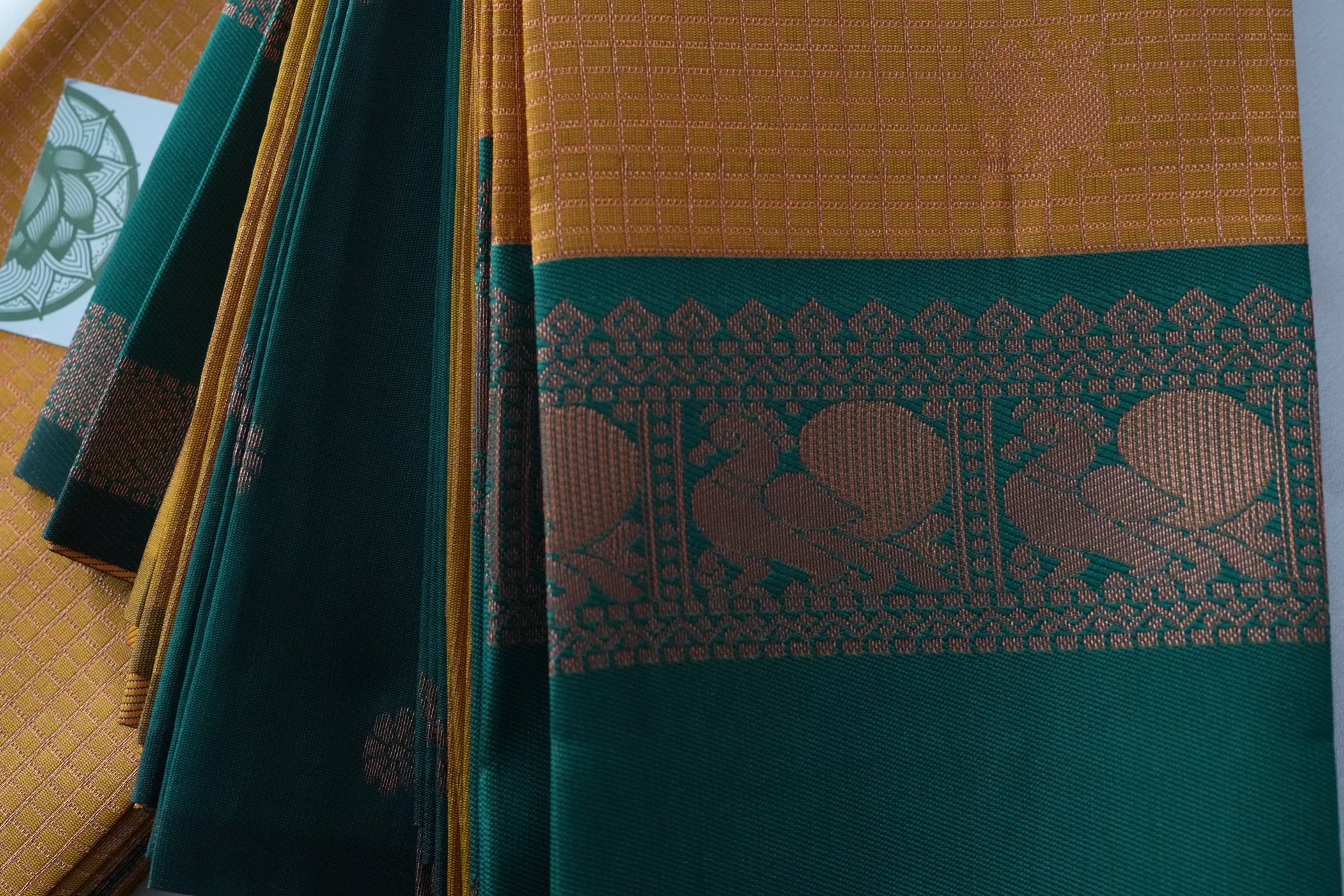Mustard Yellow and Green Cotton Silk Saree
