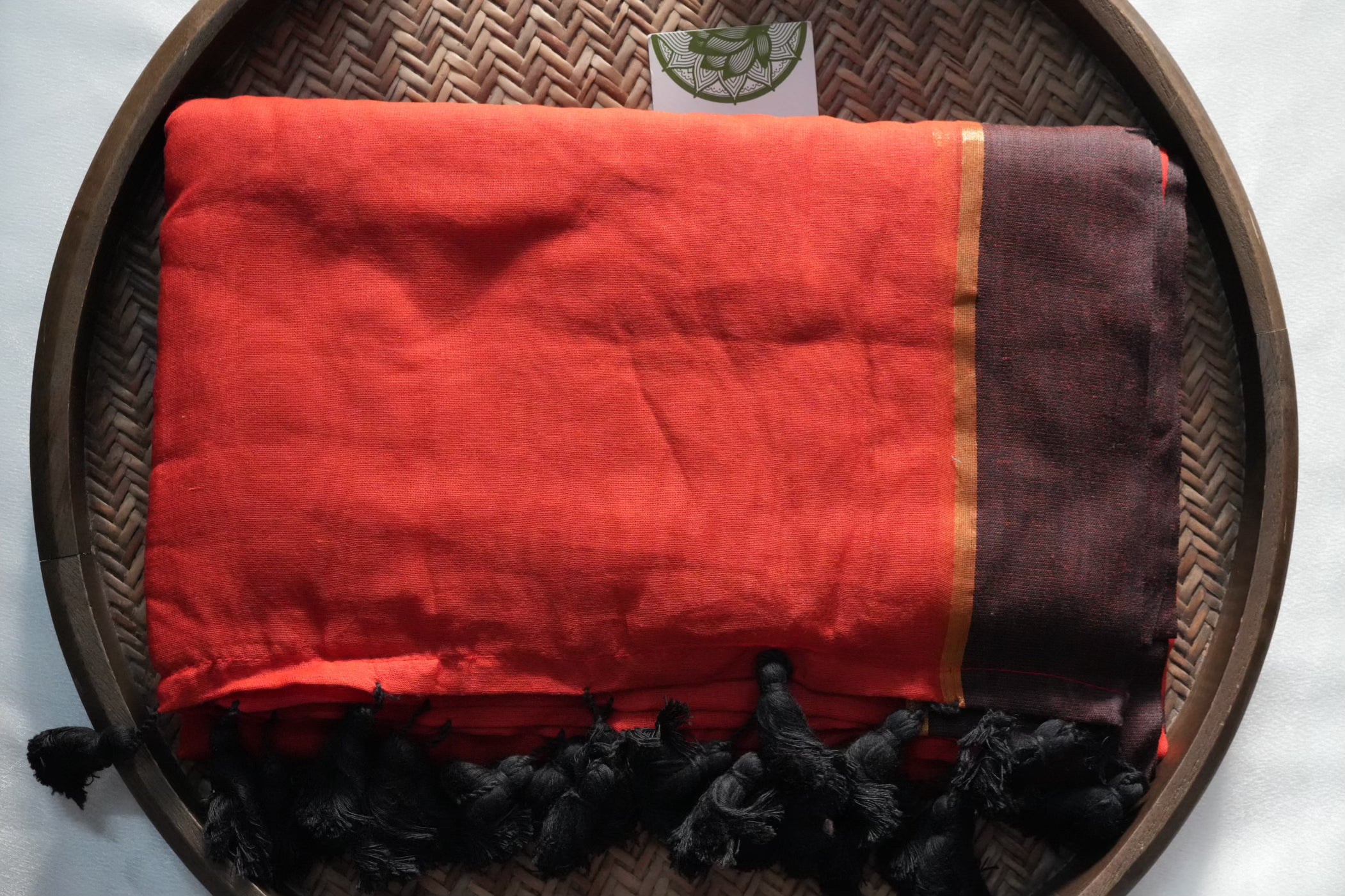 Vibrant Rust Red & Charcoal/Deep Brown Mul Cotton Saree