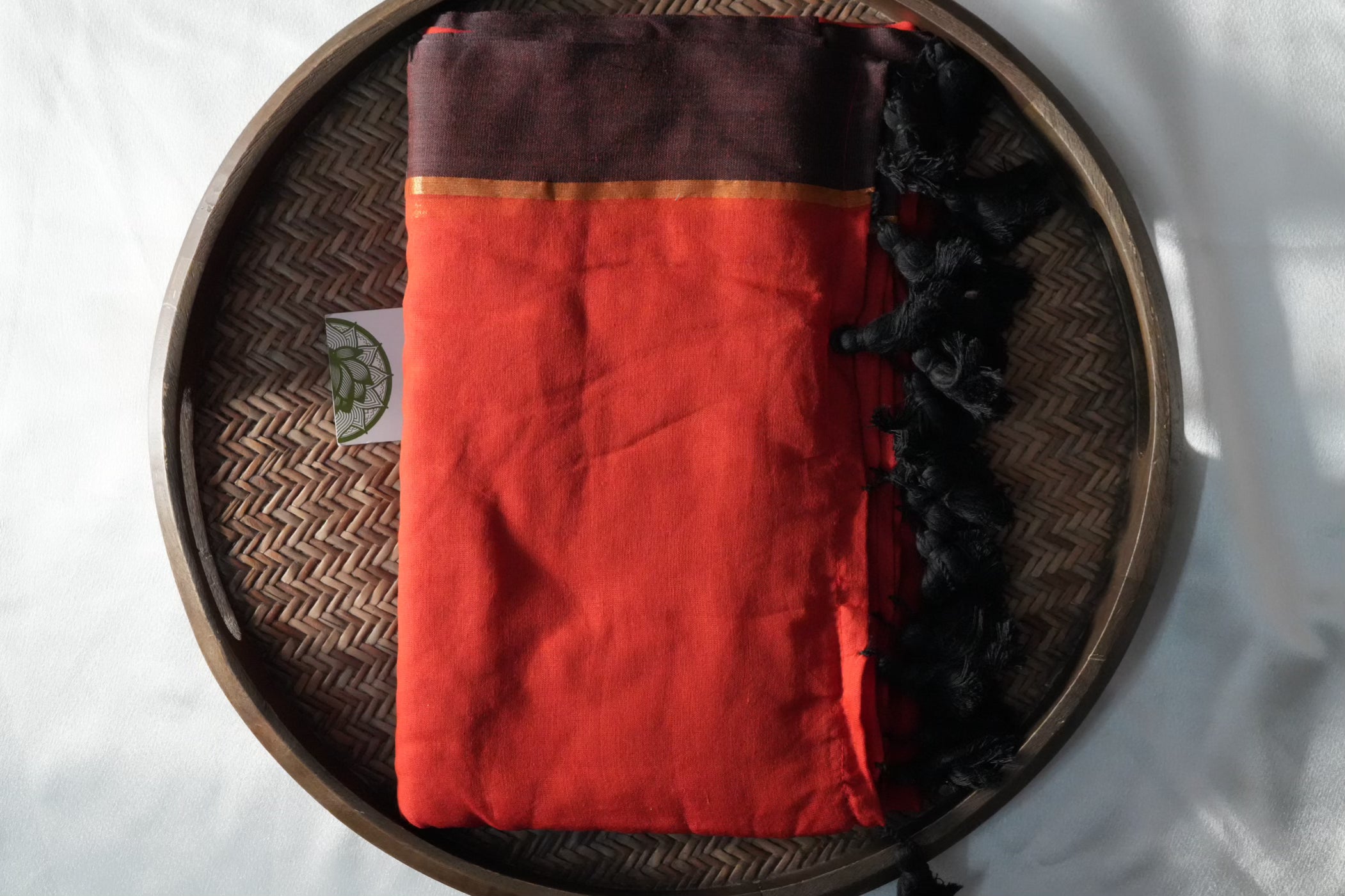 Vibrant Rust Red & Charcoal/Deep Brown Mul Cotton Saree