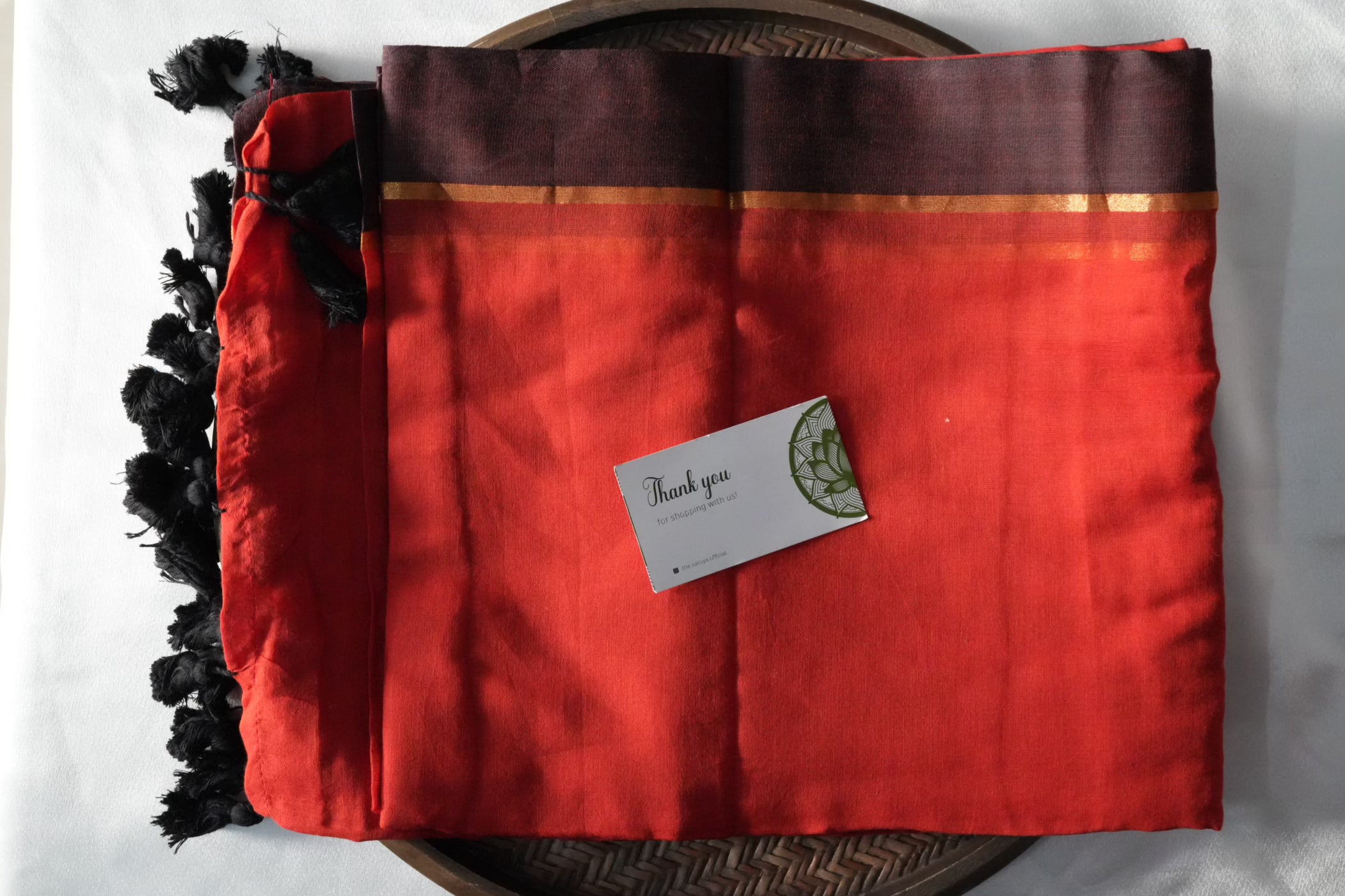 Vibrant Rust Red & Charcoal/Deep Brown Mul Cotton Saree