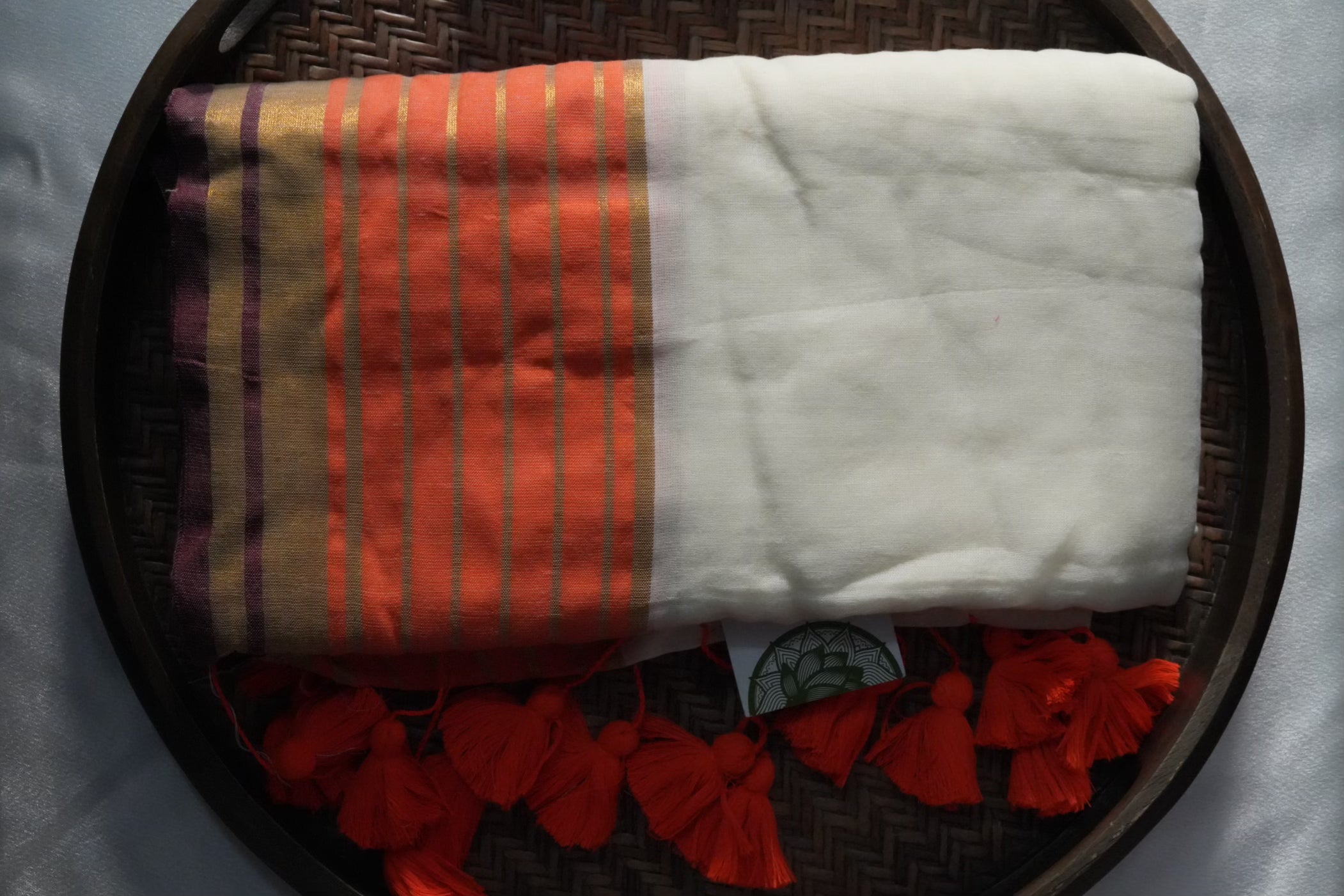 Artistic Orange & Gold Accented Mul Cotton Saree